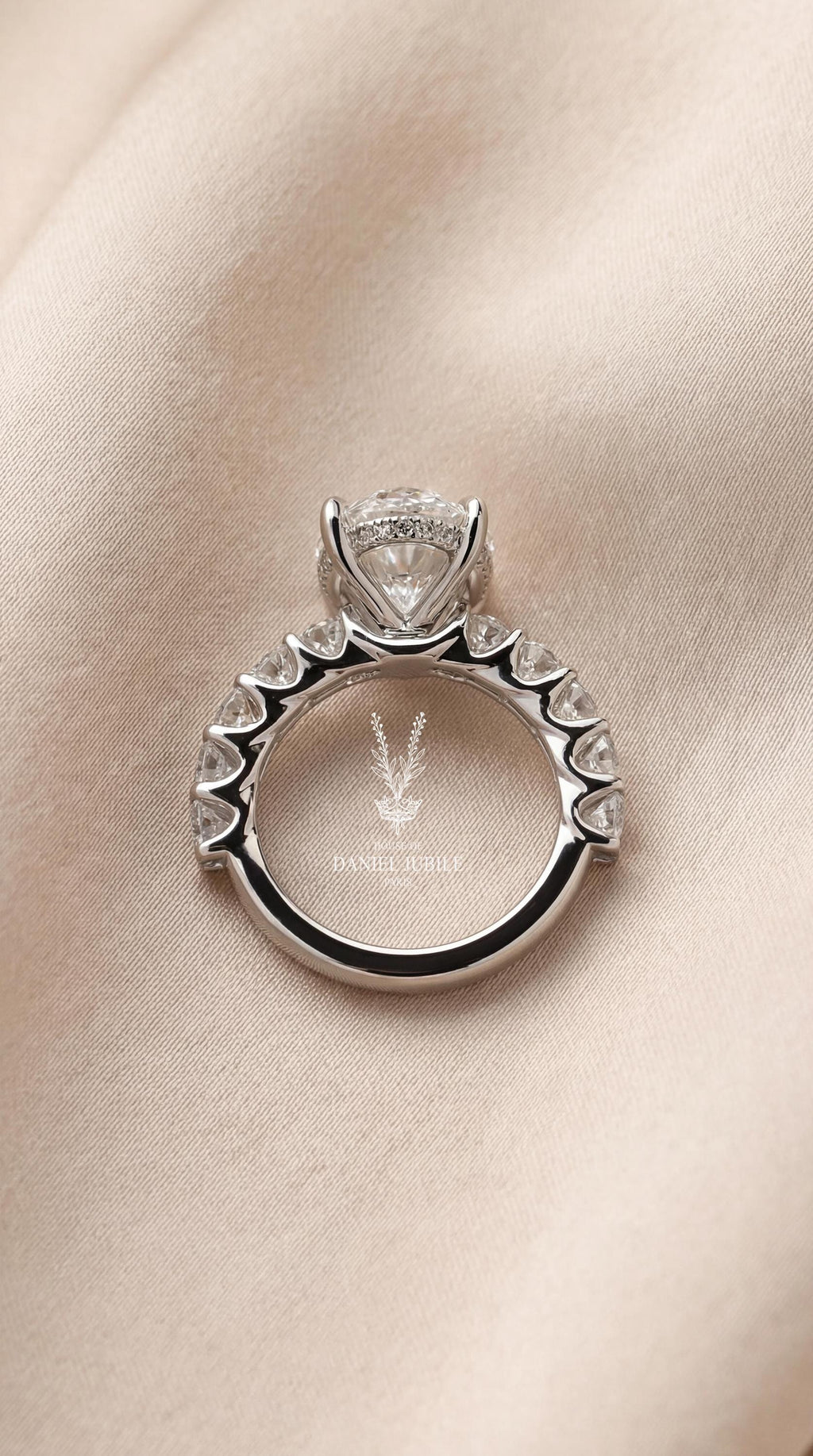 5 Carat Ophelia Scallop Oval Lab Diamond Engagement Ring – 14k White Gold Hidden Halo