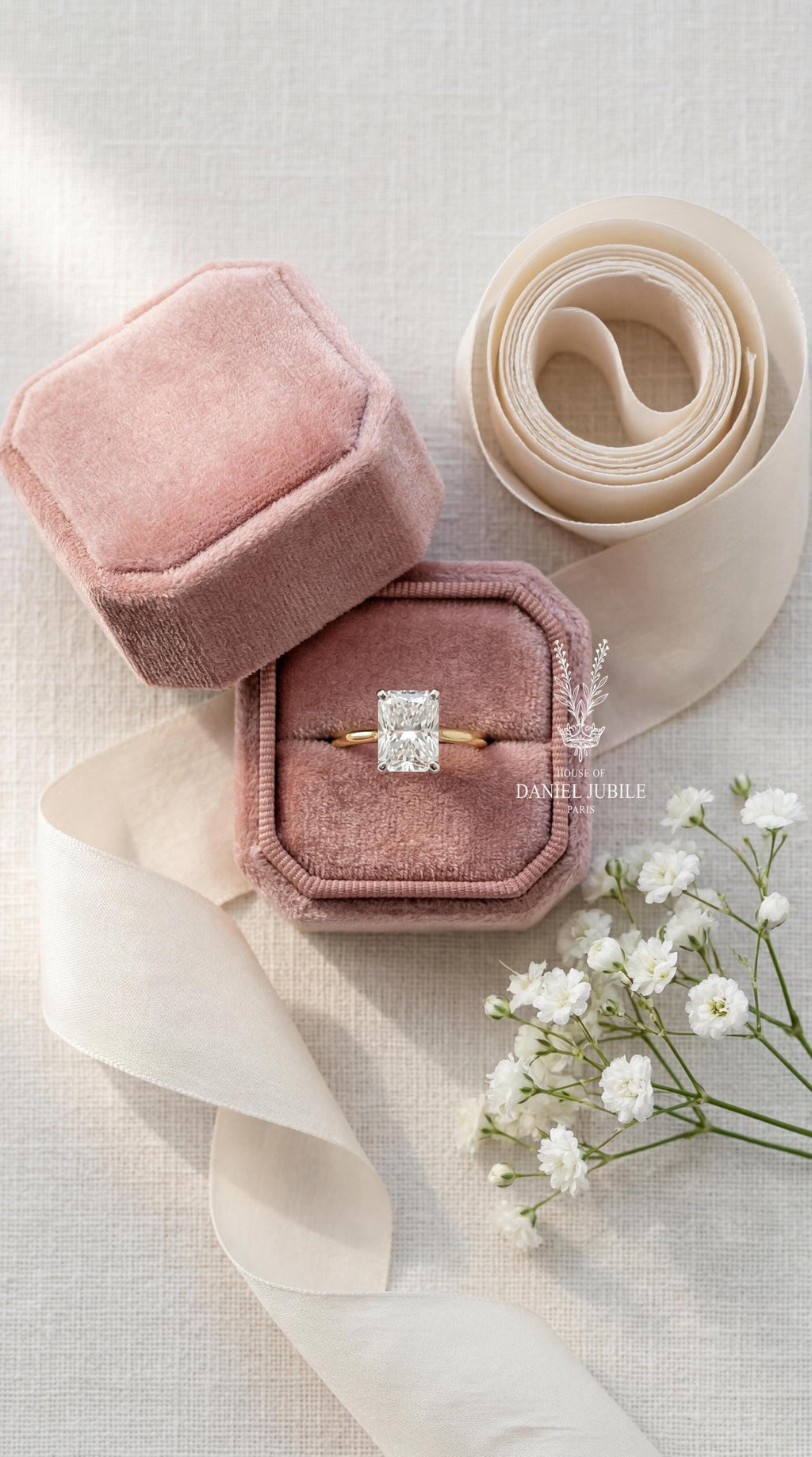 3ct Radiant Cut Lab Diamond Engagement Ring – Two-Tone 14k Gold Hidden Halo