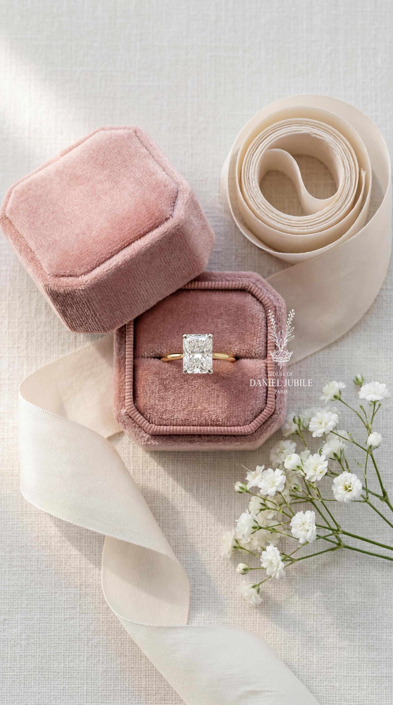 3ct Radiant Cut Lab Diamond Engagement Ring – Two-Tone 14k Gold Hidden Halo