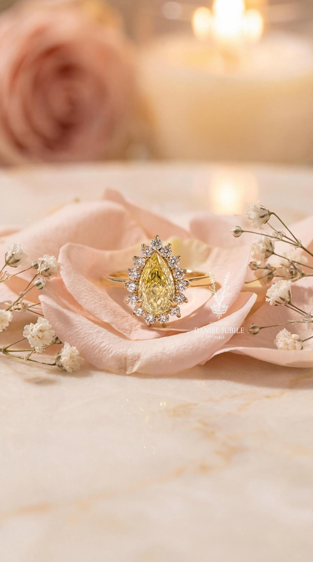 5 Carat Yellow Pear Cut Lab Diamond Engagement Ring – 14k Gold Sunburst Halo