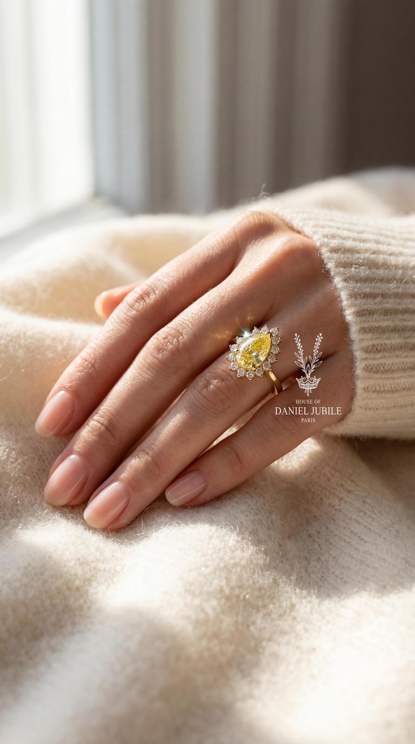 5 Carat Yellow Pear Cut Lab Diamond Engagement Ring – 14k Gold Sunburst Halo