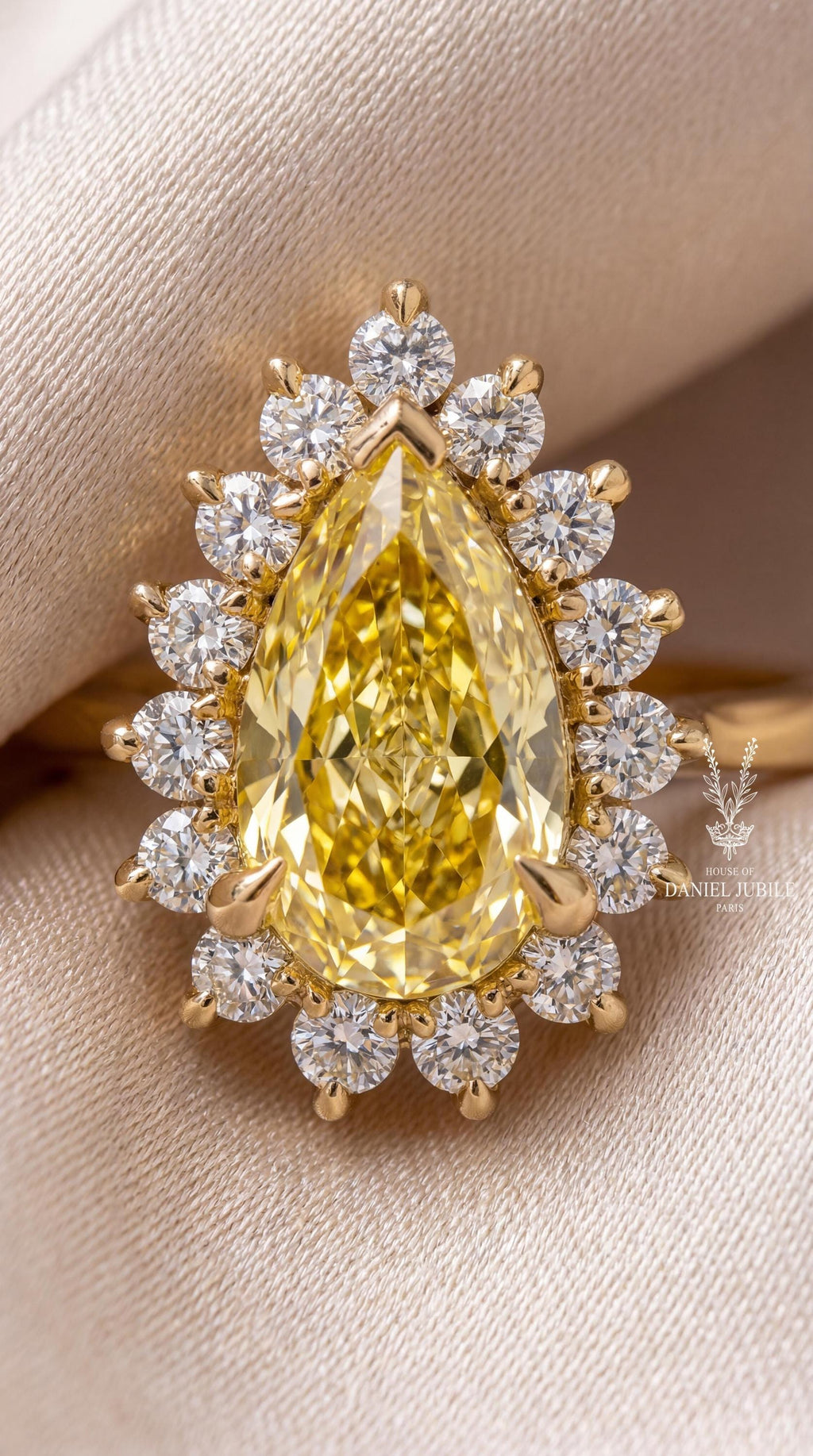5 Carat Yellow Pear Cut Lab Diamond Engagement Ring – 14k Gold Sunburst Halo