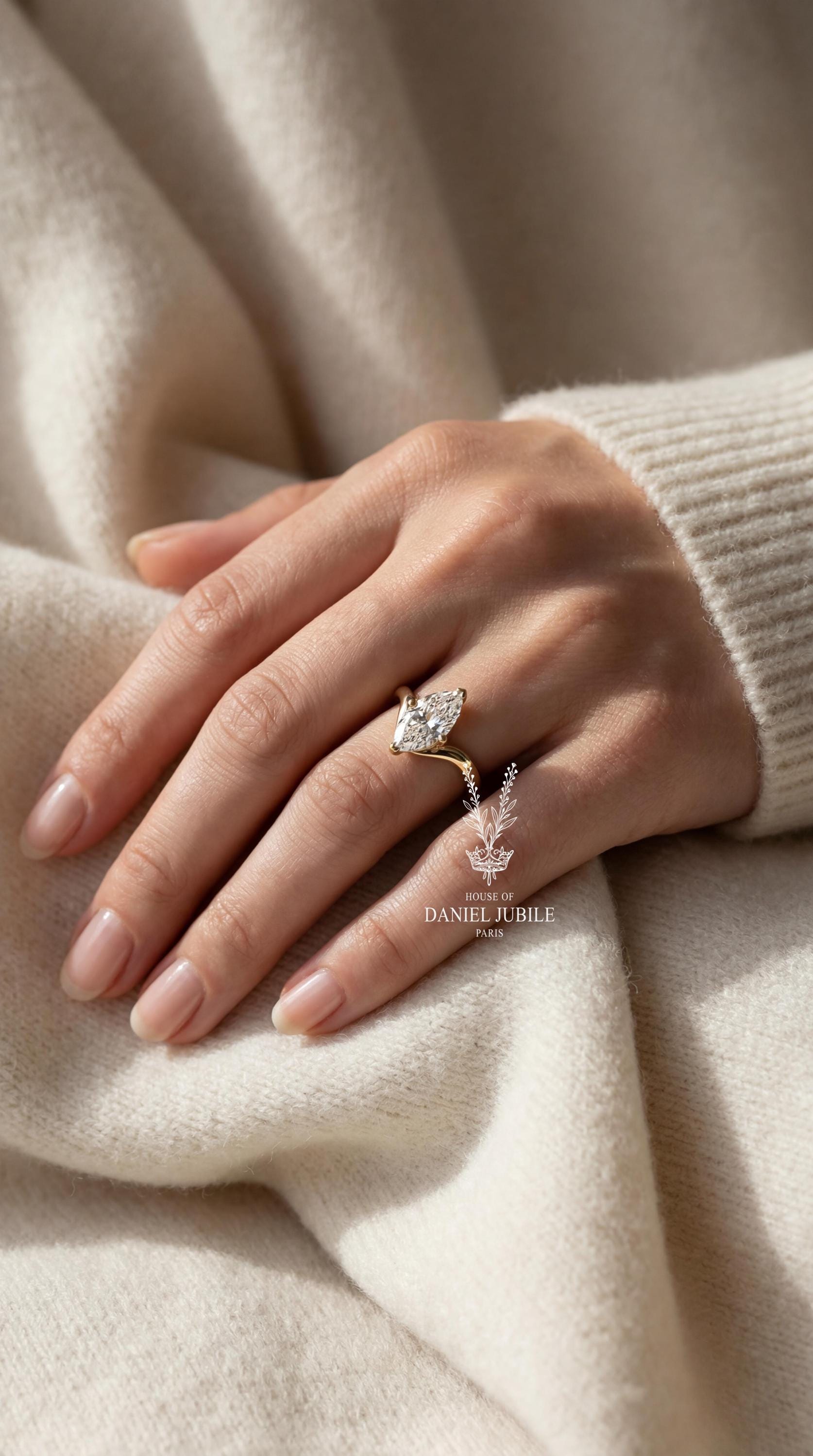 2 Carat Marquise Cut Lab Diamond Engagement Ring – 14k Gold Chevron Solitaire