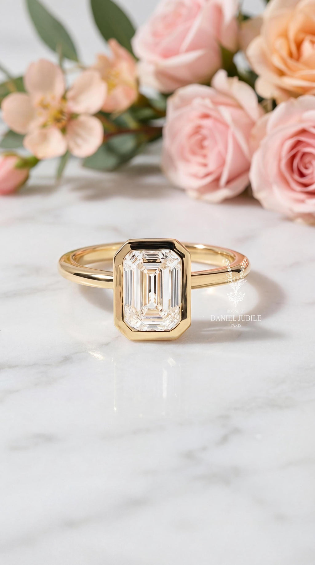 Emerald Cut Lab Diamond Engagement Ring – 14k Gold Bezel Set Solitaire