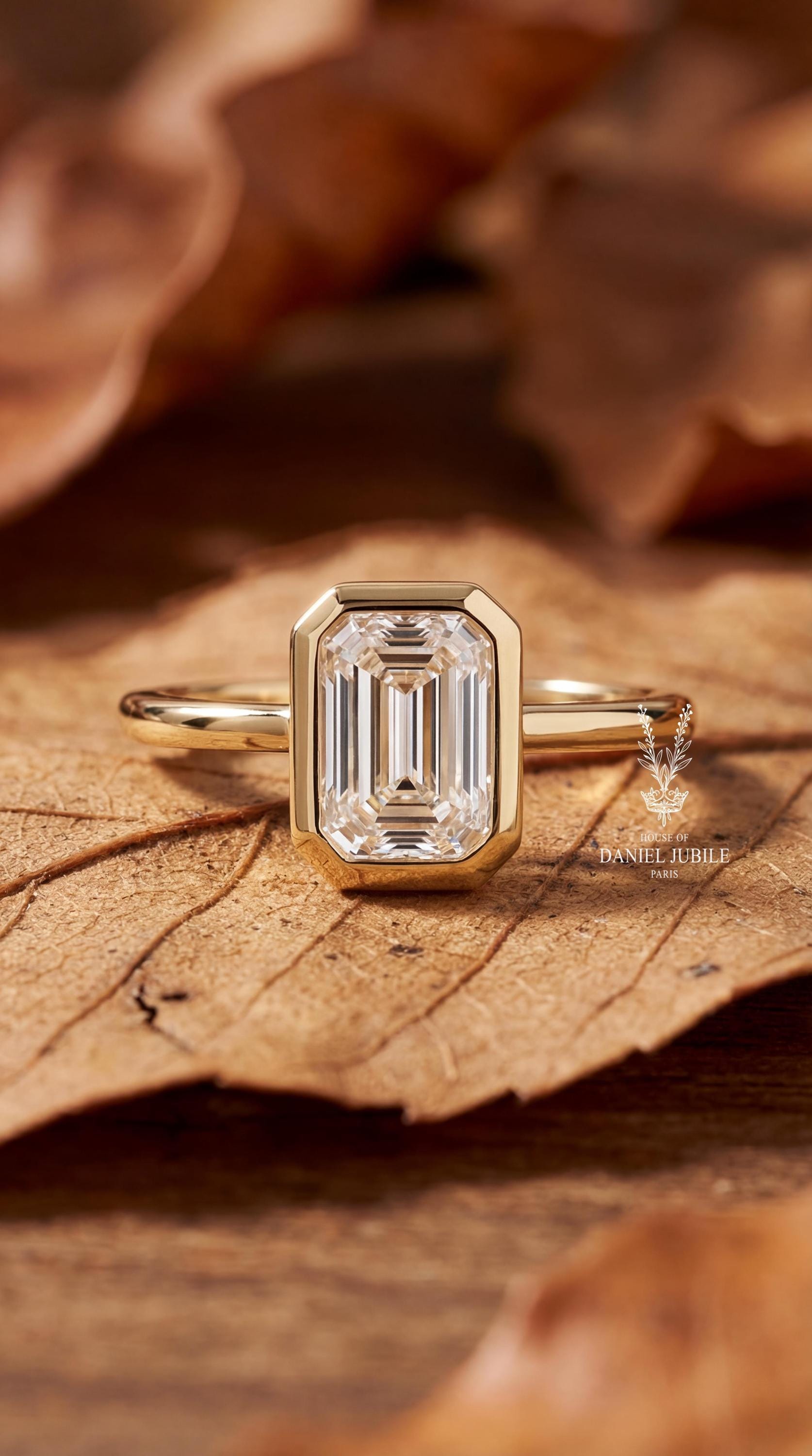 Emerald Cut Lab Diamond Engagement Ring – 14k Gold Bezel Set Solitaire