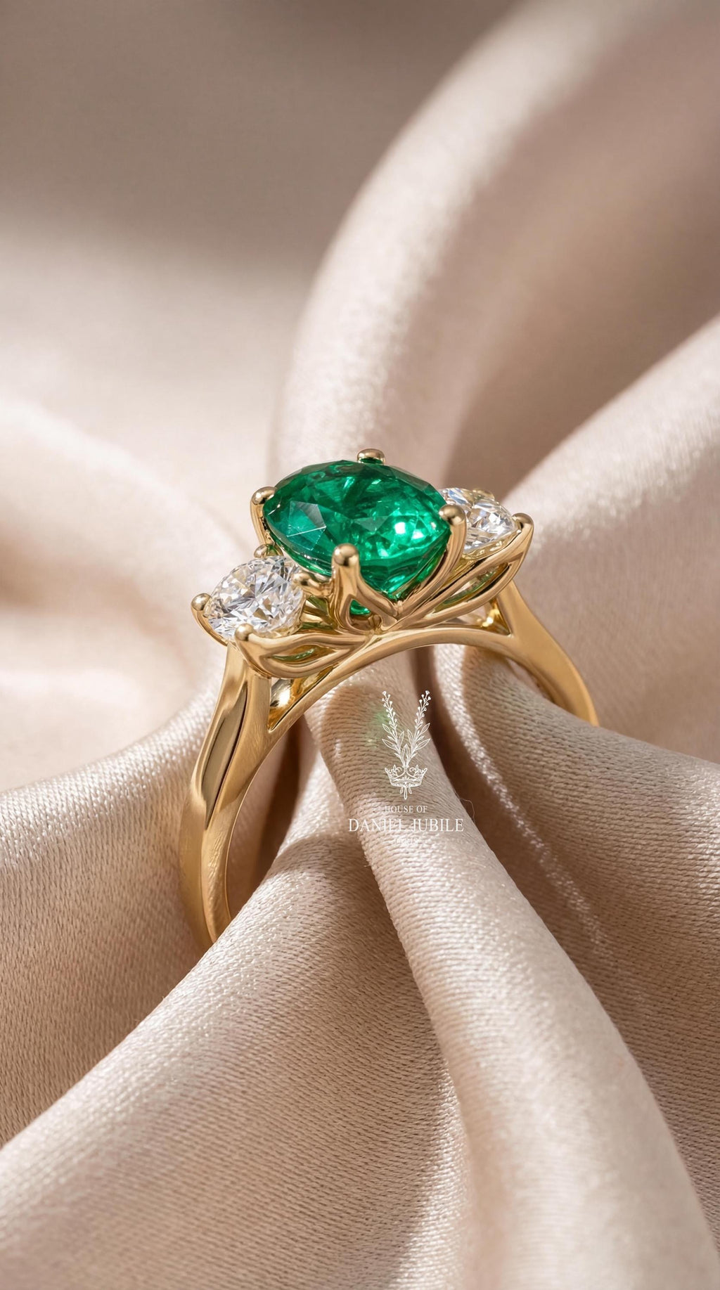 Green Oval Lab Diamond Engagement Ring – 14k Gold Trellis Three Stone
