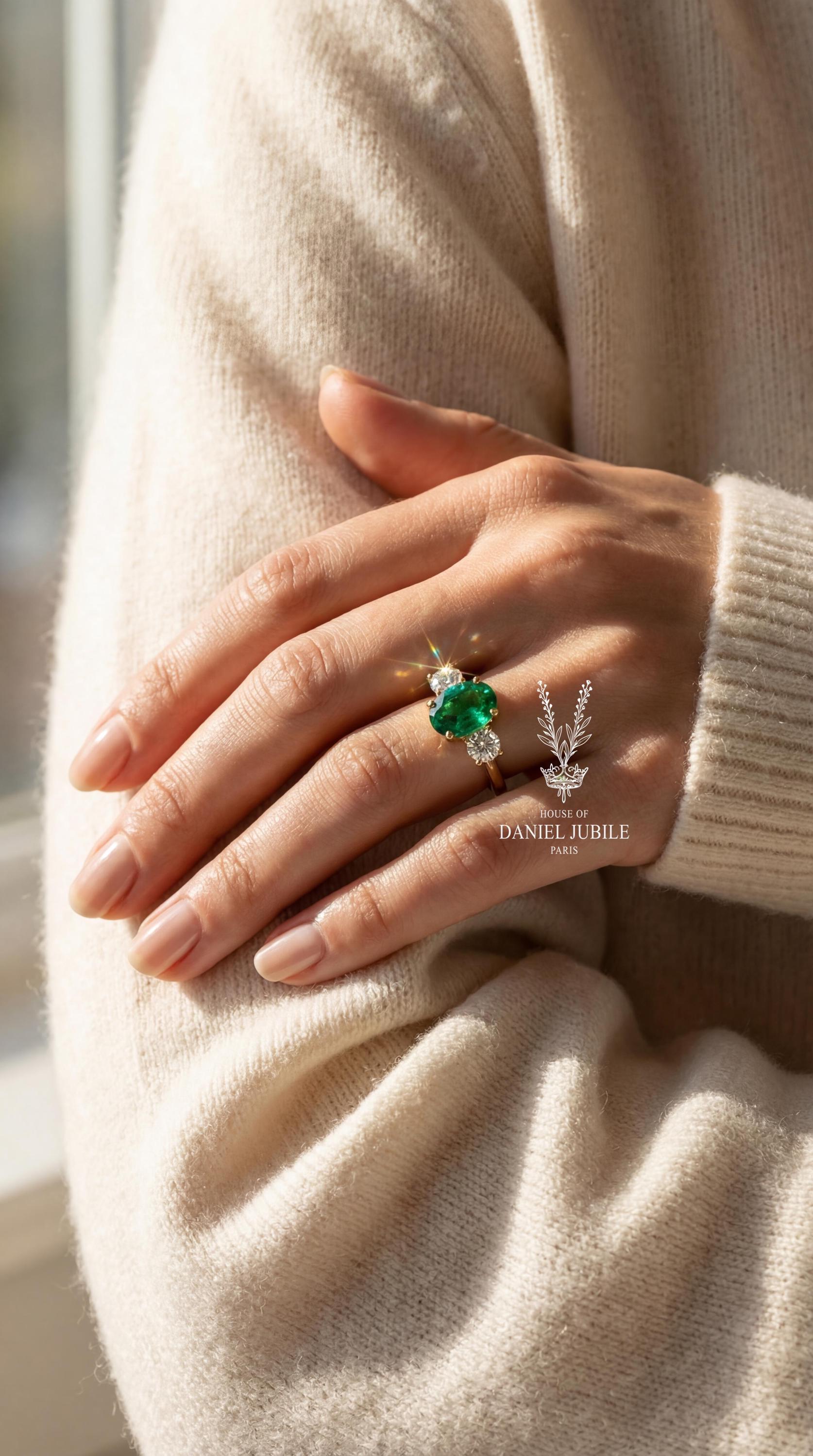 Green Oval Lab Diamond Engagement Ring – 14k Gold Trellis Three Stone