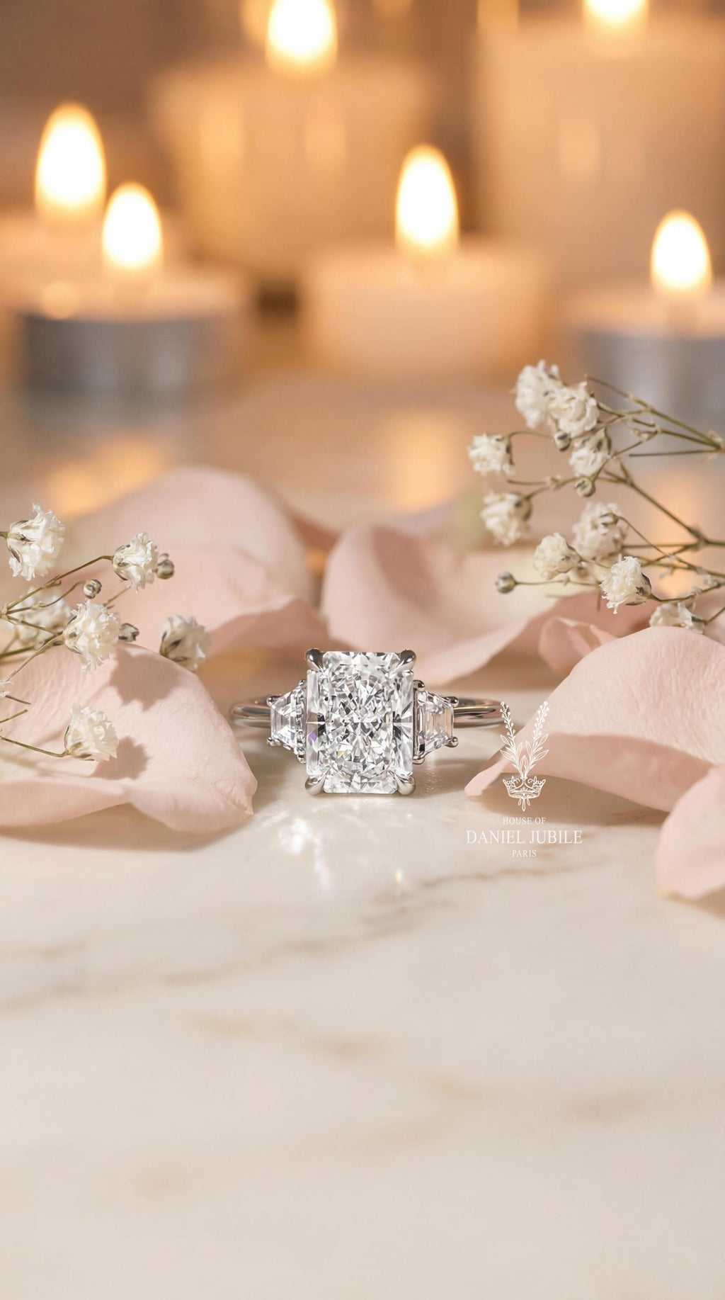 Radiant Cut Lab Diamond Engagement Ring – 14k White Gold Trapezoid Trinity