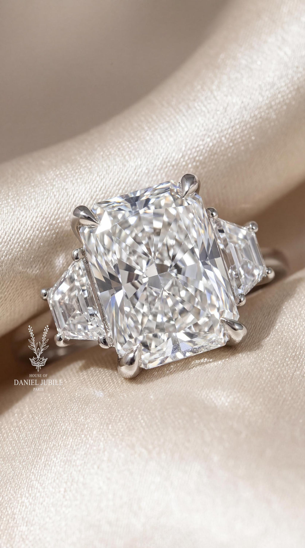 Radiant Cut Lab Diamond Engagement Ring – 14k White Gold Trapezoid Trinity