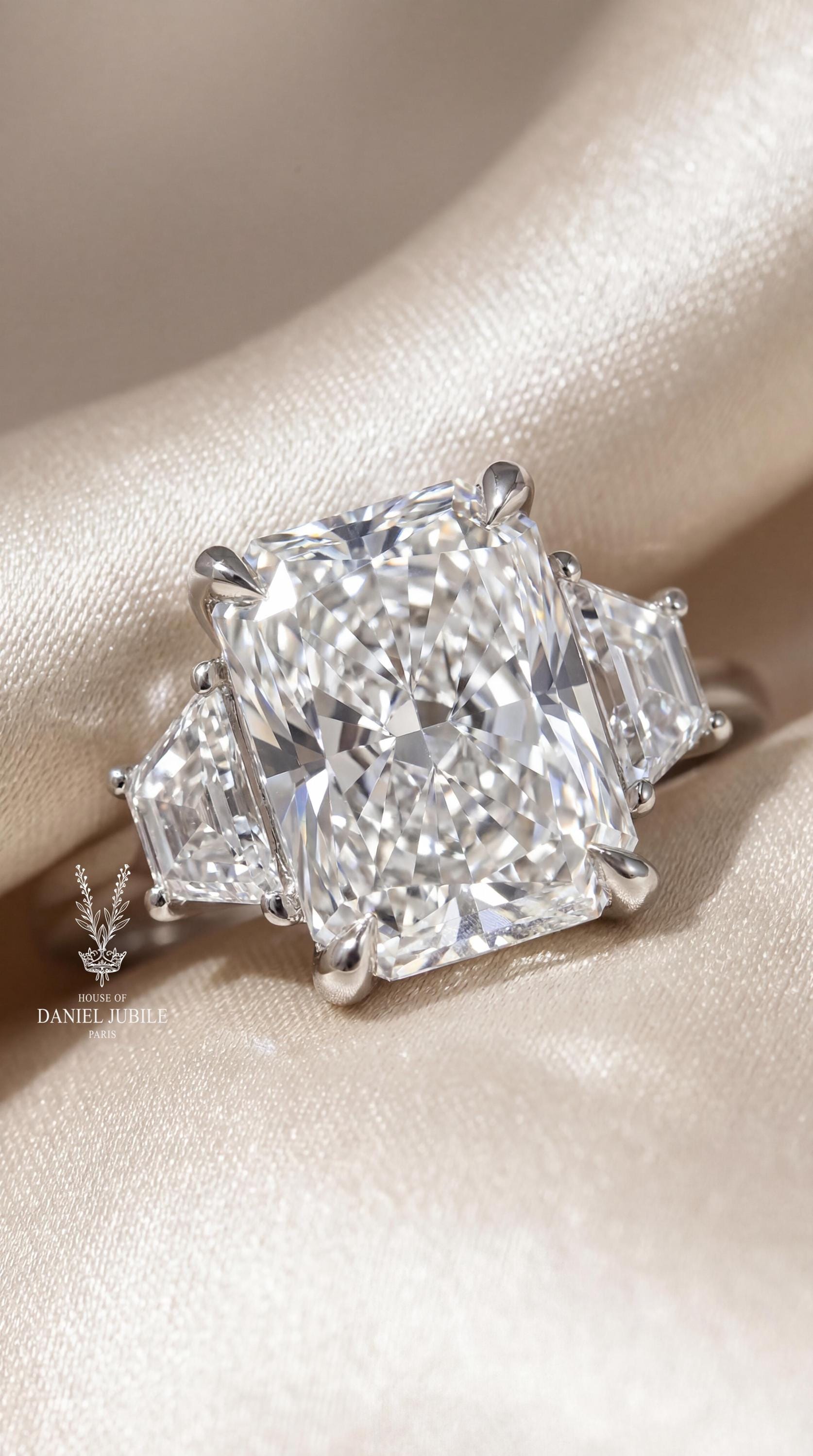 Radiant Cut Lab Diamond Engagement Ring – 14k White Gold Trapezoid Trinity