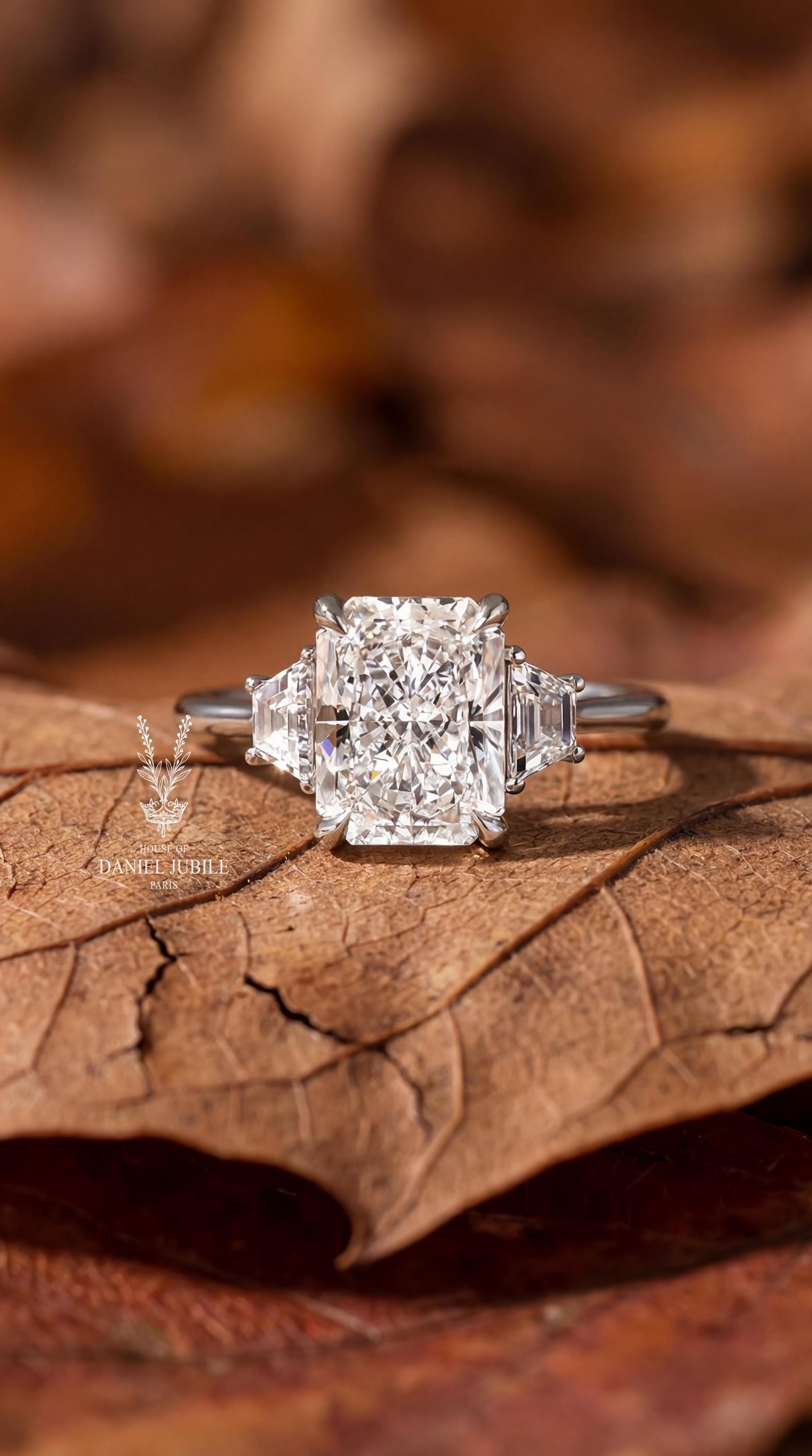 Radiant Cut Lab Diamond Engagement Ring – 14k White Gold Trapezoid Trinity