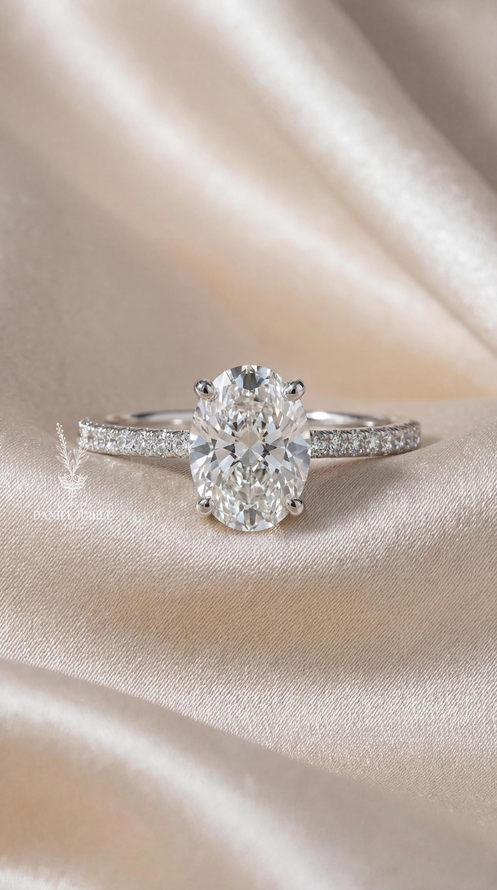 Oval Lab Diamond Engagement Ring - 14k White Gold Pavé Hidden Halo