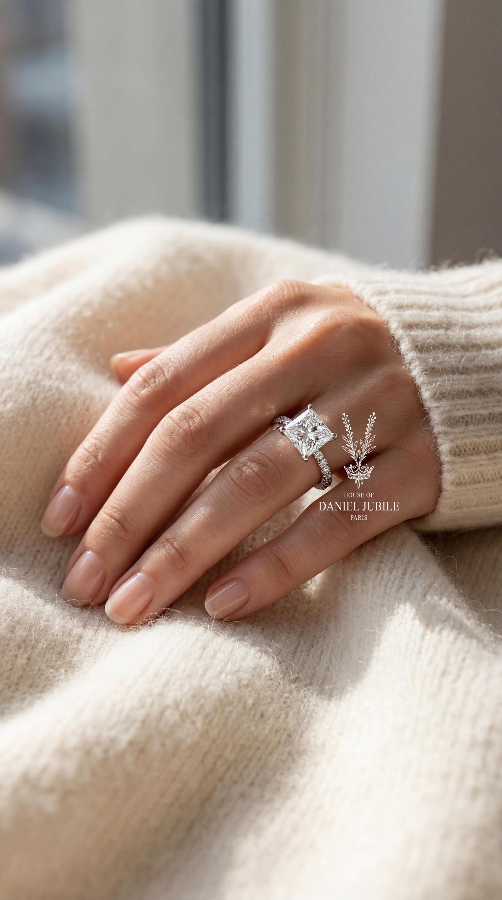 2ct Princess Cut Lab Diamond Engagement Ring – 14k White Gold Pavé Band