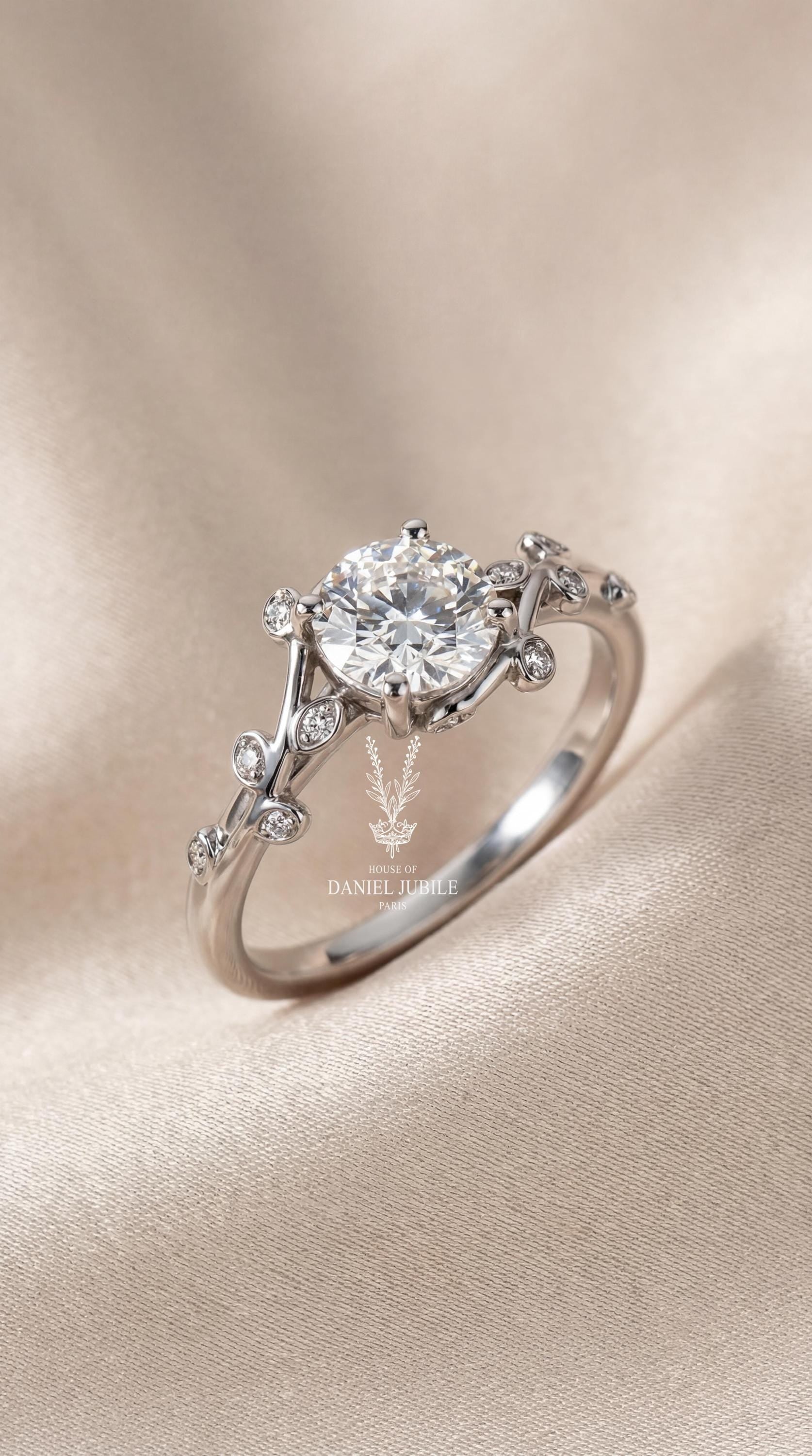 Gaia Vine Lab Diamond Engagement Ring – 14k White Gold Leaf Wedding Ring