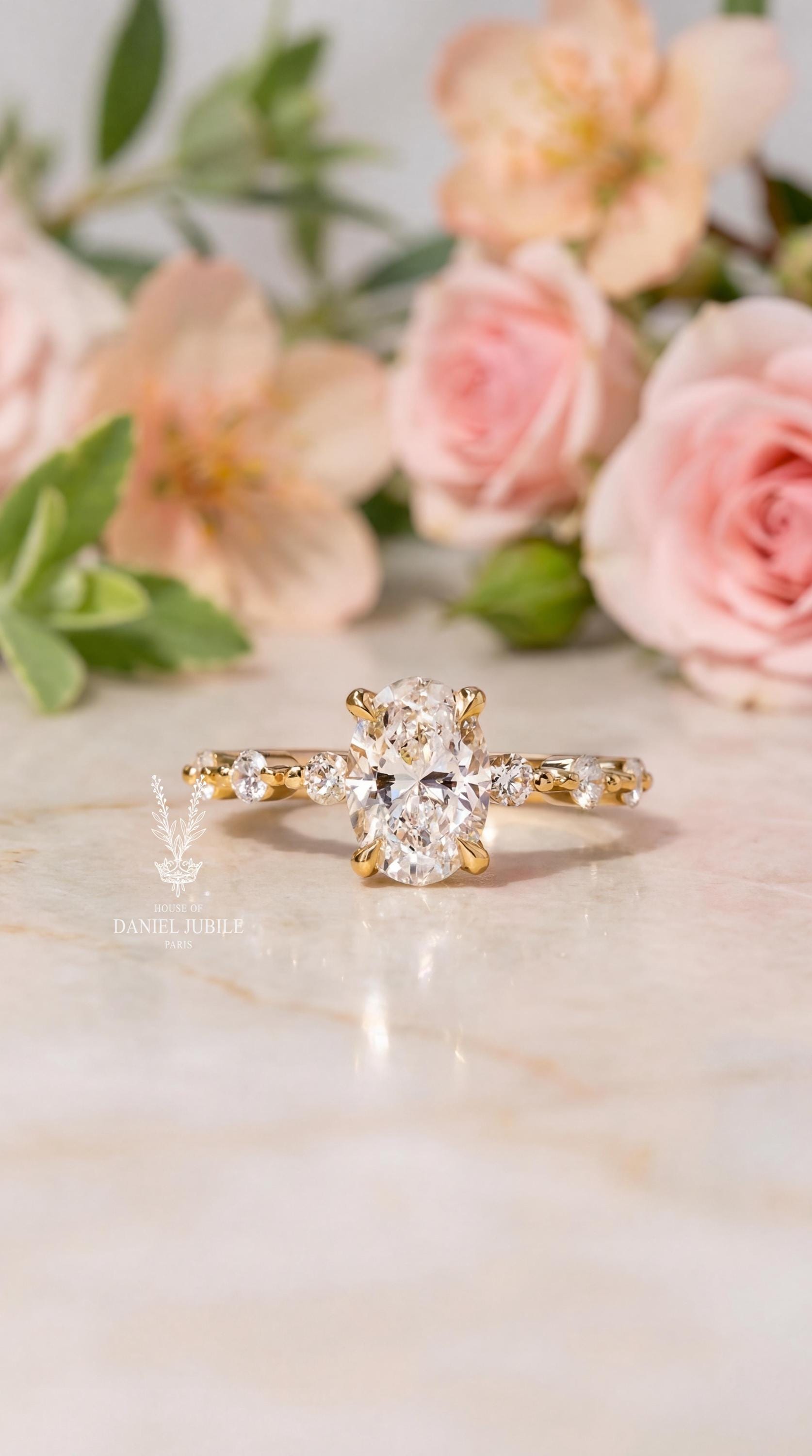 4 Carat Oval Lab Diamond Engagement Ring – 14k Gold Bubble Prong Wedding Ring