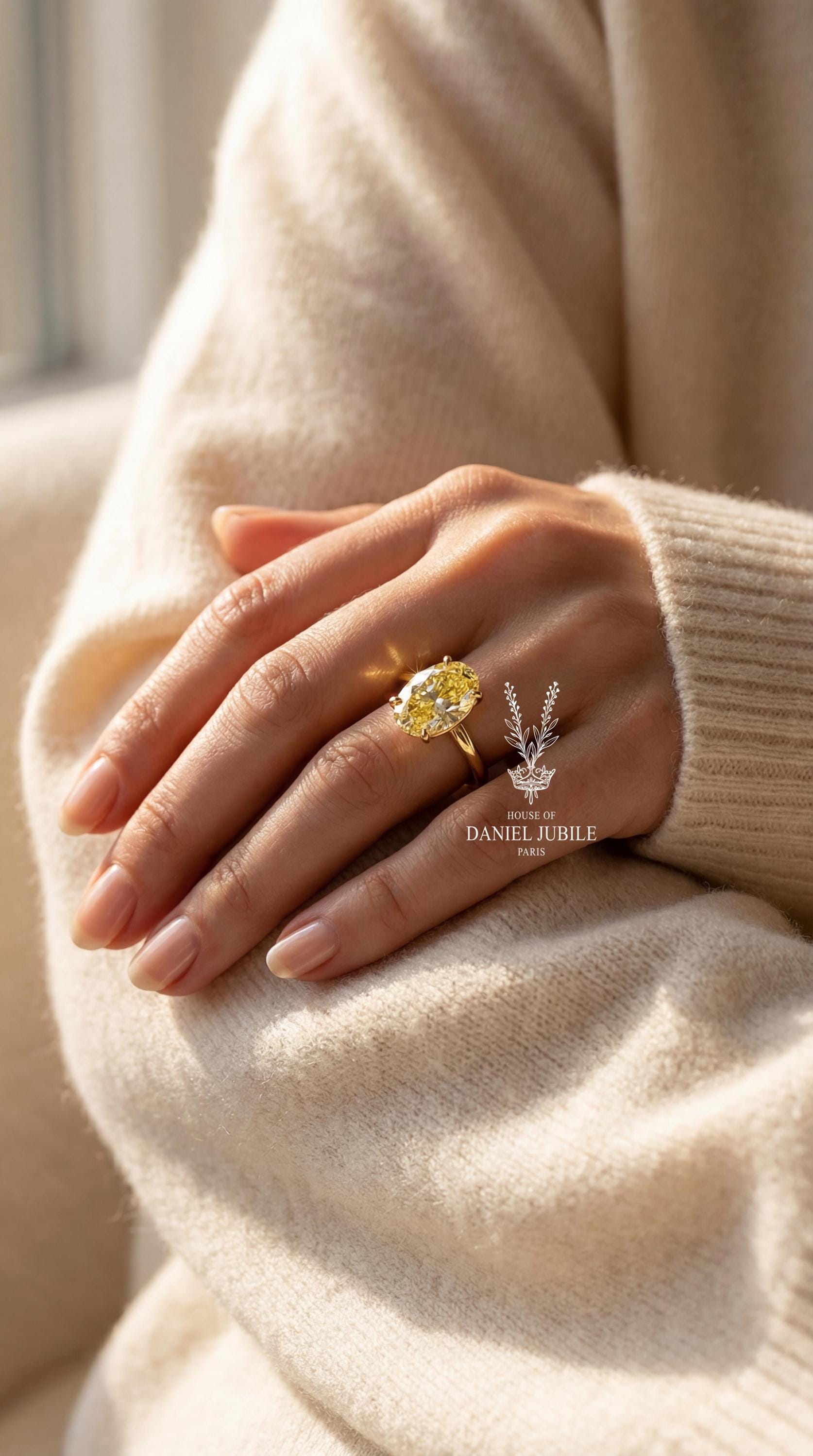 6 Carat Oval Cut Yellow Lab Diamond Solitaire Ring - 14k Gold Minimalist Engagement