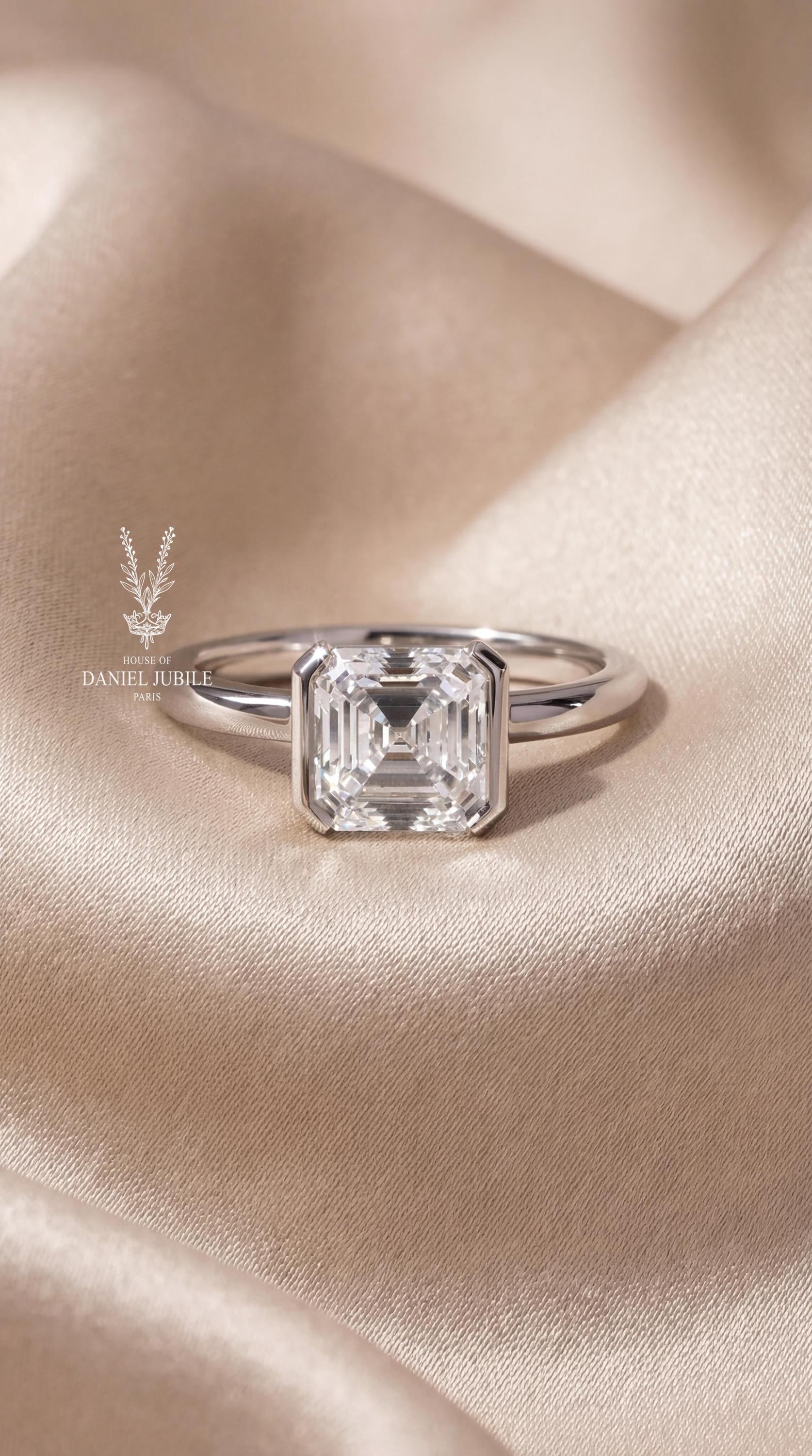 2 Carat Asscher Cut Lab Diamond Engagement Ring - 14k White Gold Bezel Set
