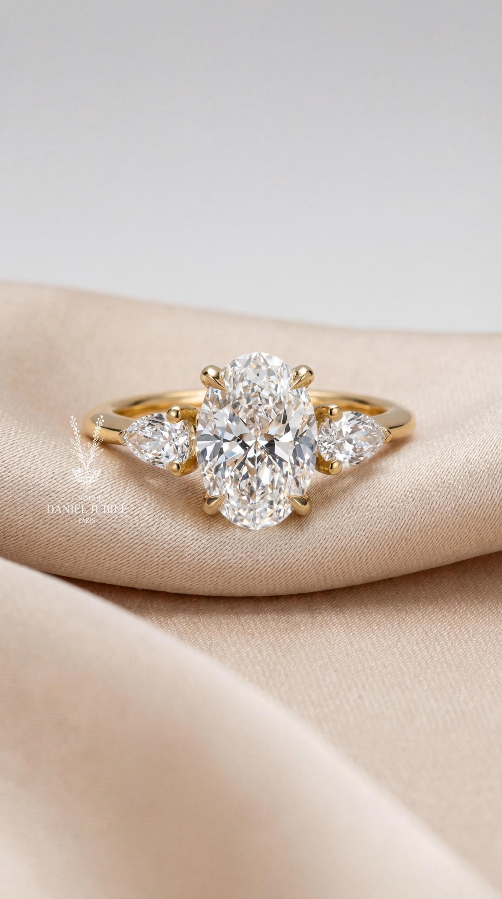 Oval & Pear Cut Lab Grown Diamond Engagement Ring - 14k Gold Trinity Promise Ring