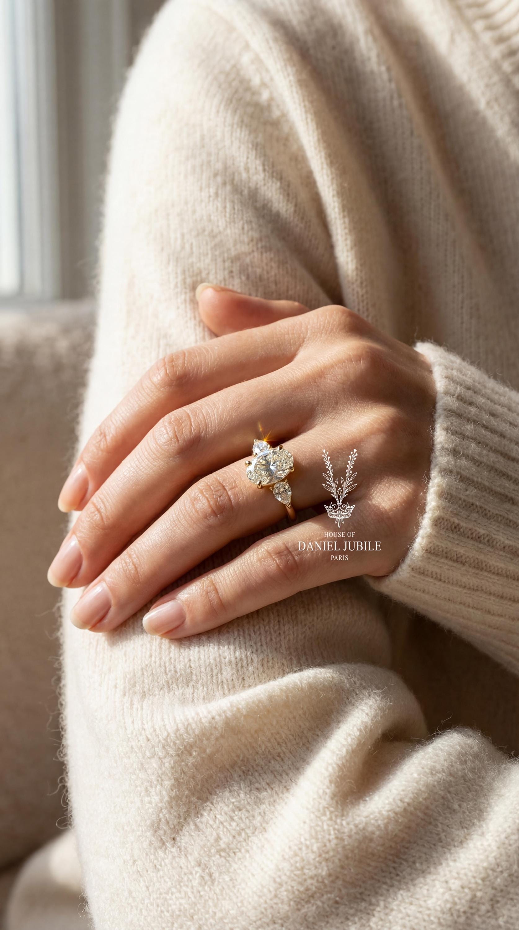 Oval & Pear Cut Lab Grown Diamond Engagement Ring - 14k Gold Trinity Promise Ring