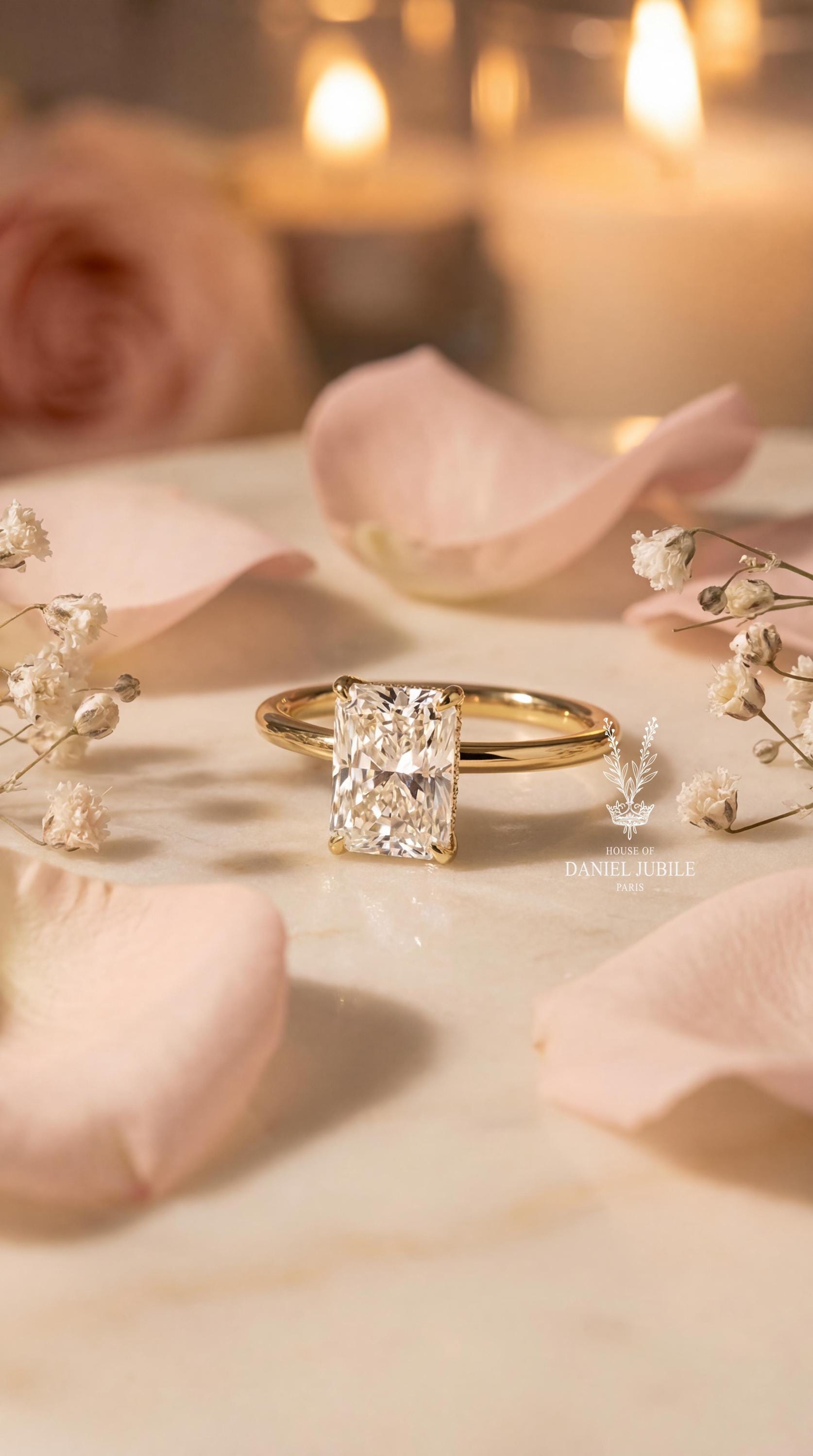 14k Gold Radiant Cut Lab Grown Engagement Diamond Ring – Hidden Halo Solitaire