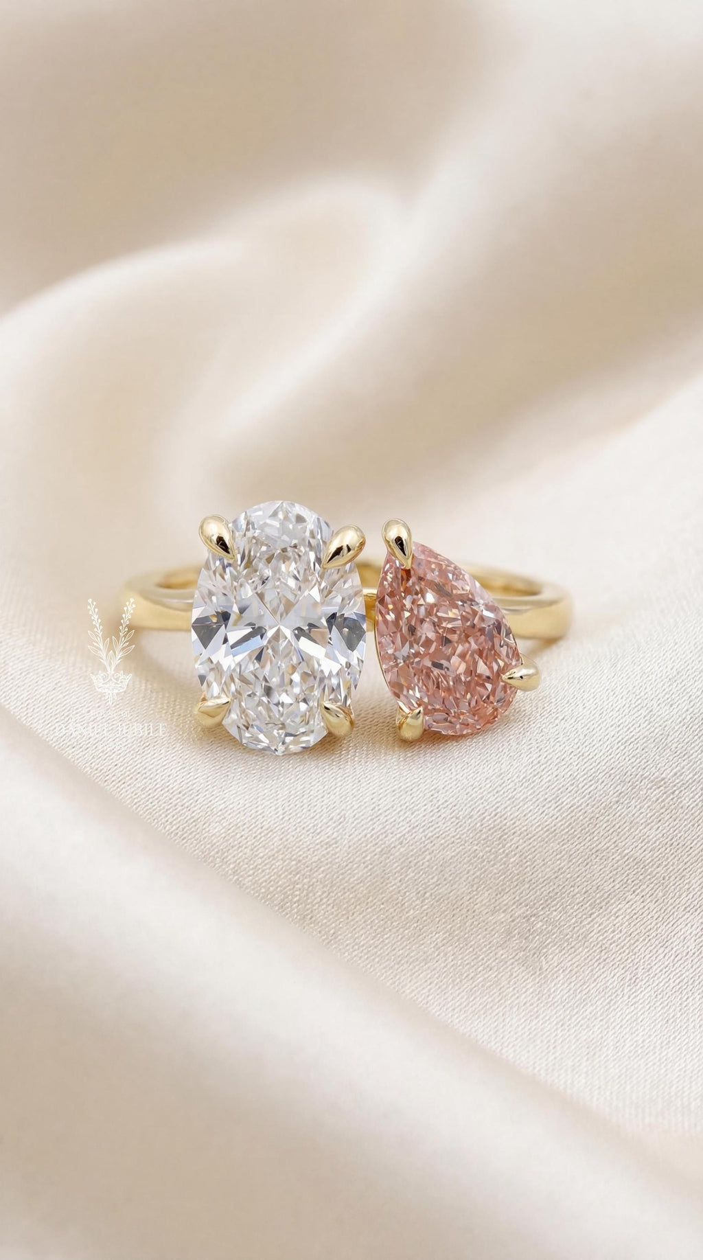 Toi et Moi Diamond Ring – Oval & Pink Pear, 14k Gold Engagement Ring, 3.5 Carat Weight