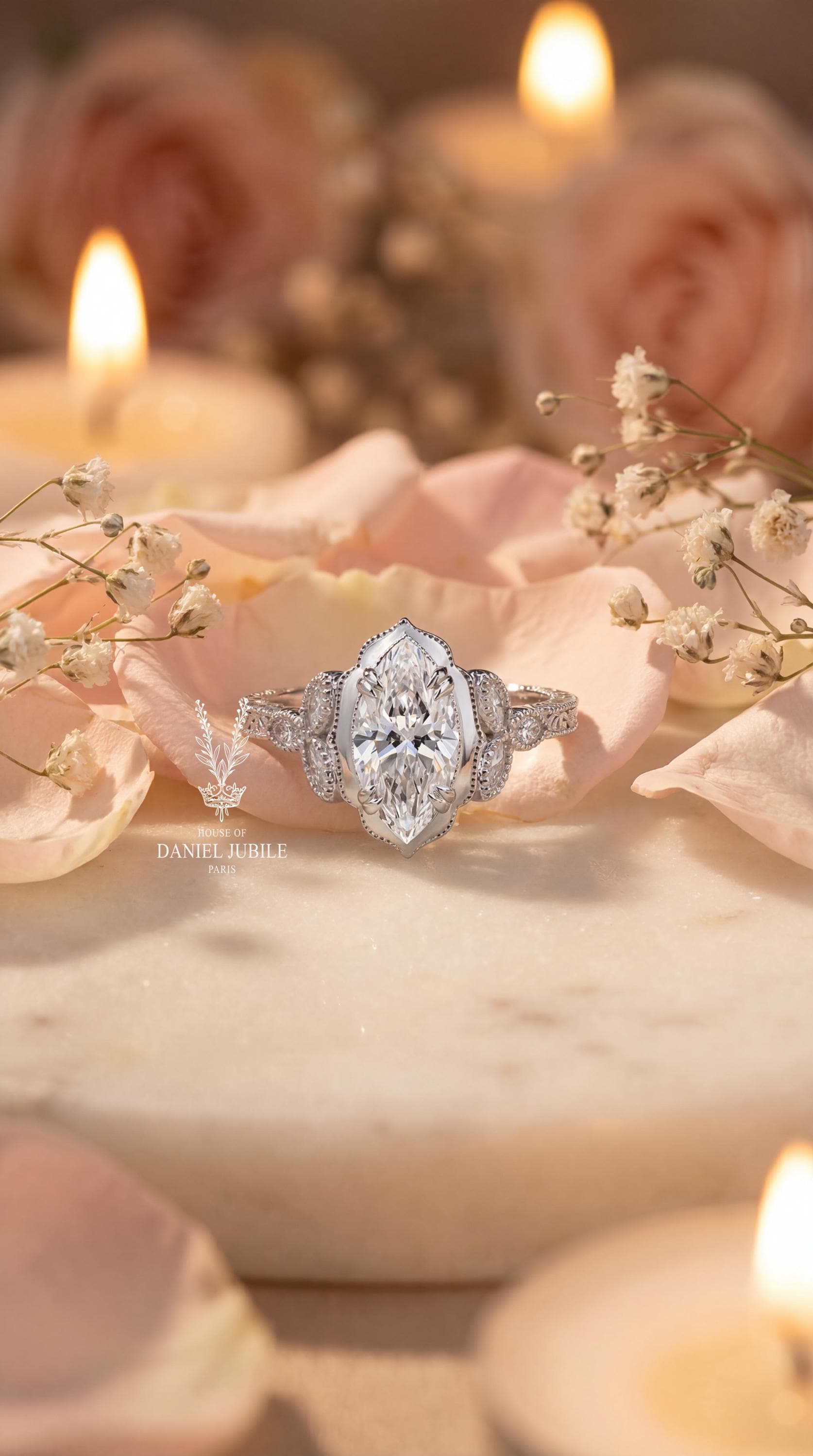 Marquise Cut Lab Art Deco Diamond Ring - 14k White Gold Engagement Jewelry