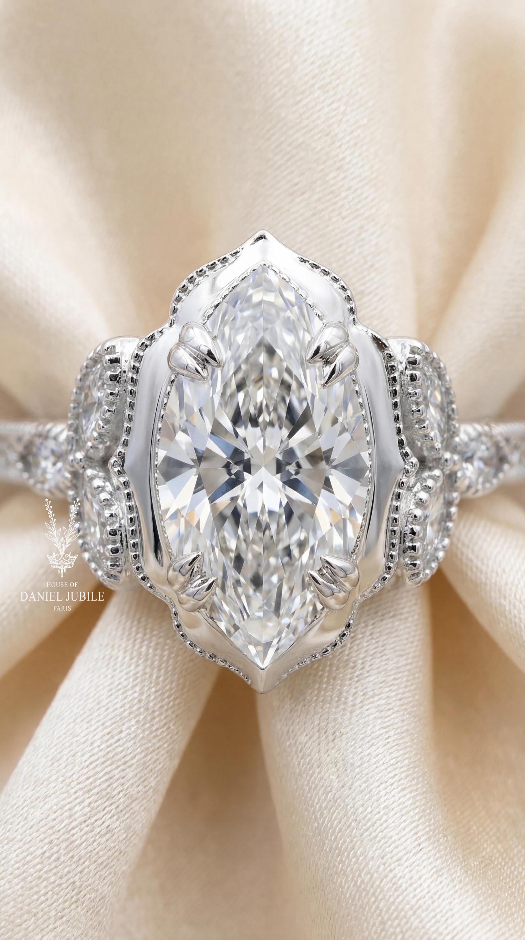Marquise Cut Lab Art Deco Diamond Ring - 14k White Gold Engagement Jewelry