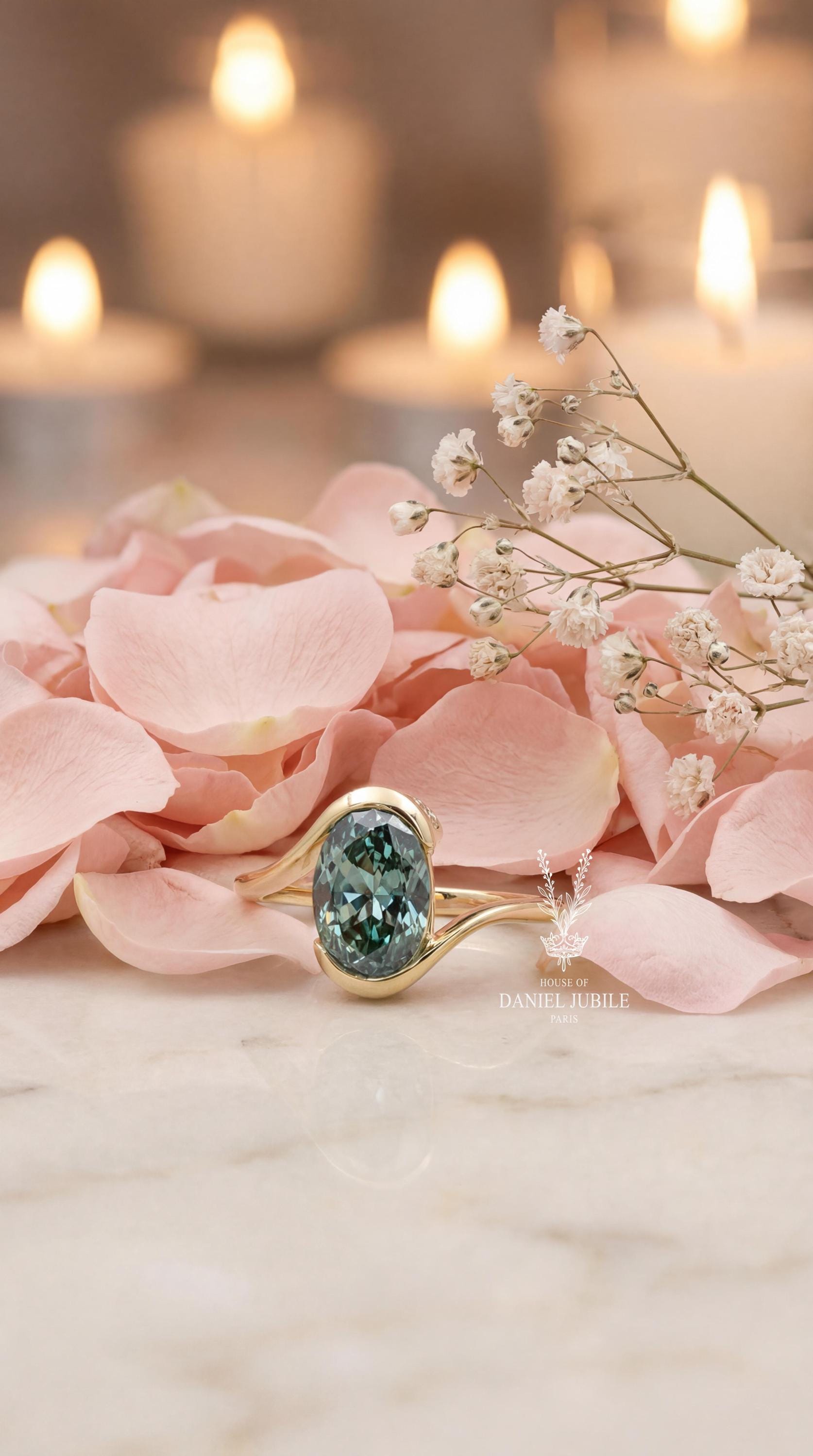 Teal Blue Lab Diamond Ring – 2 Carat Oval Gold Bypass Anniversary Ring