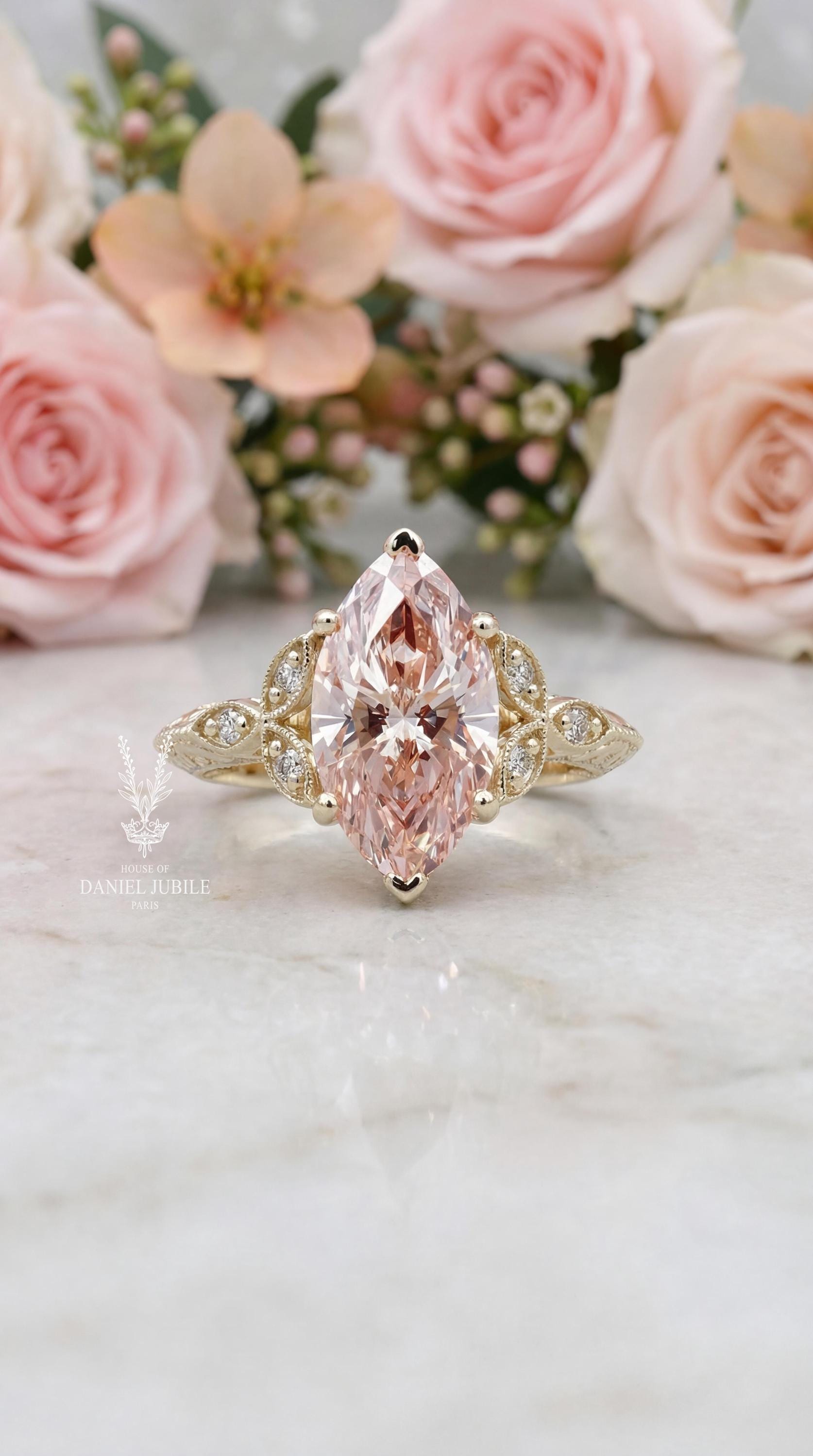 3 Carat Pink Marquise Diamond Ring – 14k Gold Vintage Floral Engagement