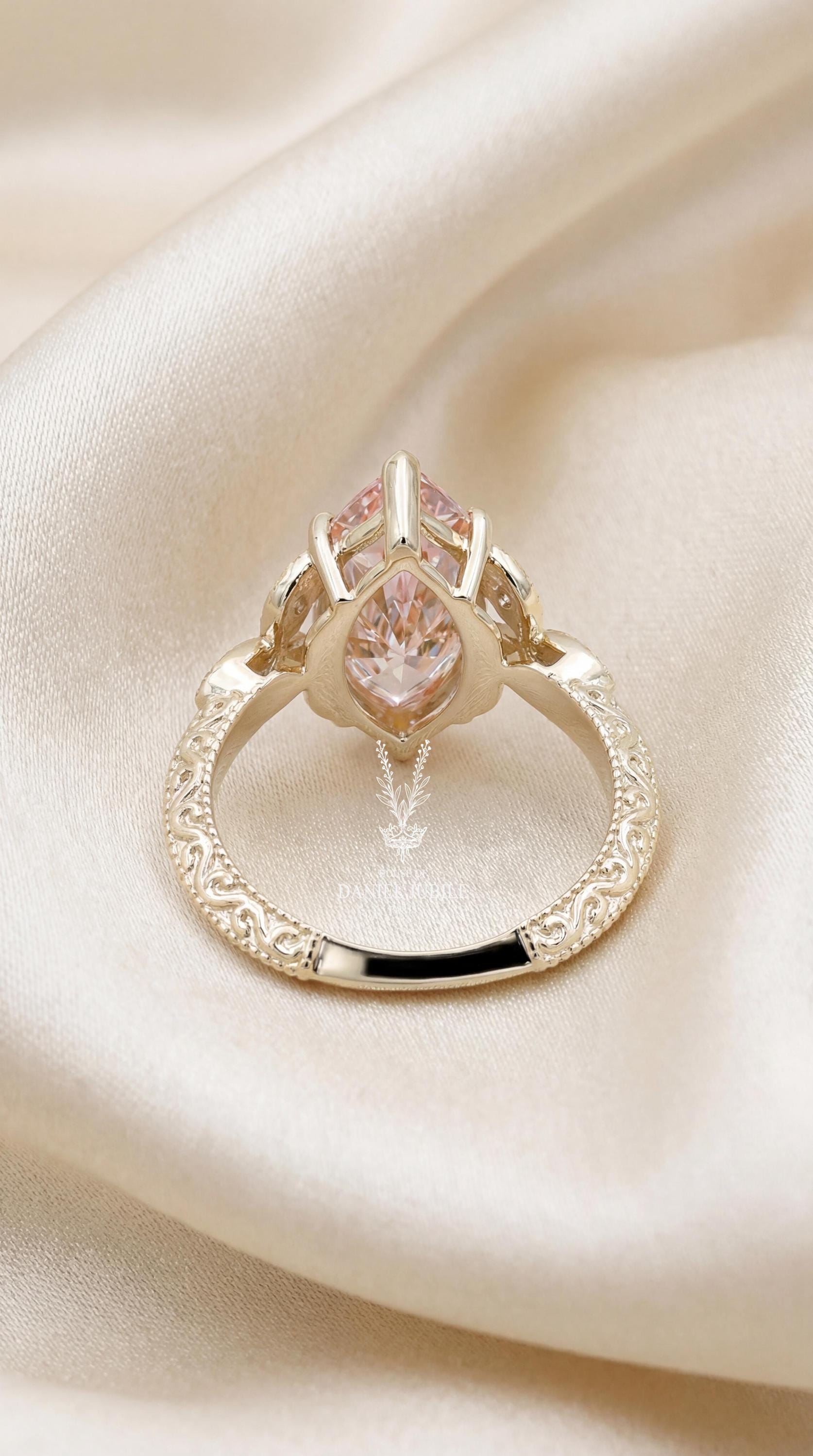 3 Carat Pink Marquise Diamond Ring – 14k Gold Vintage Floral Engagement