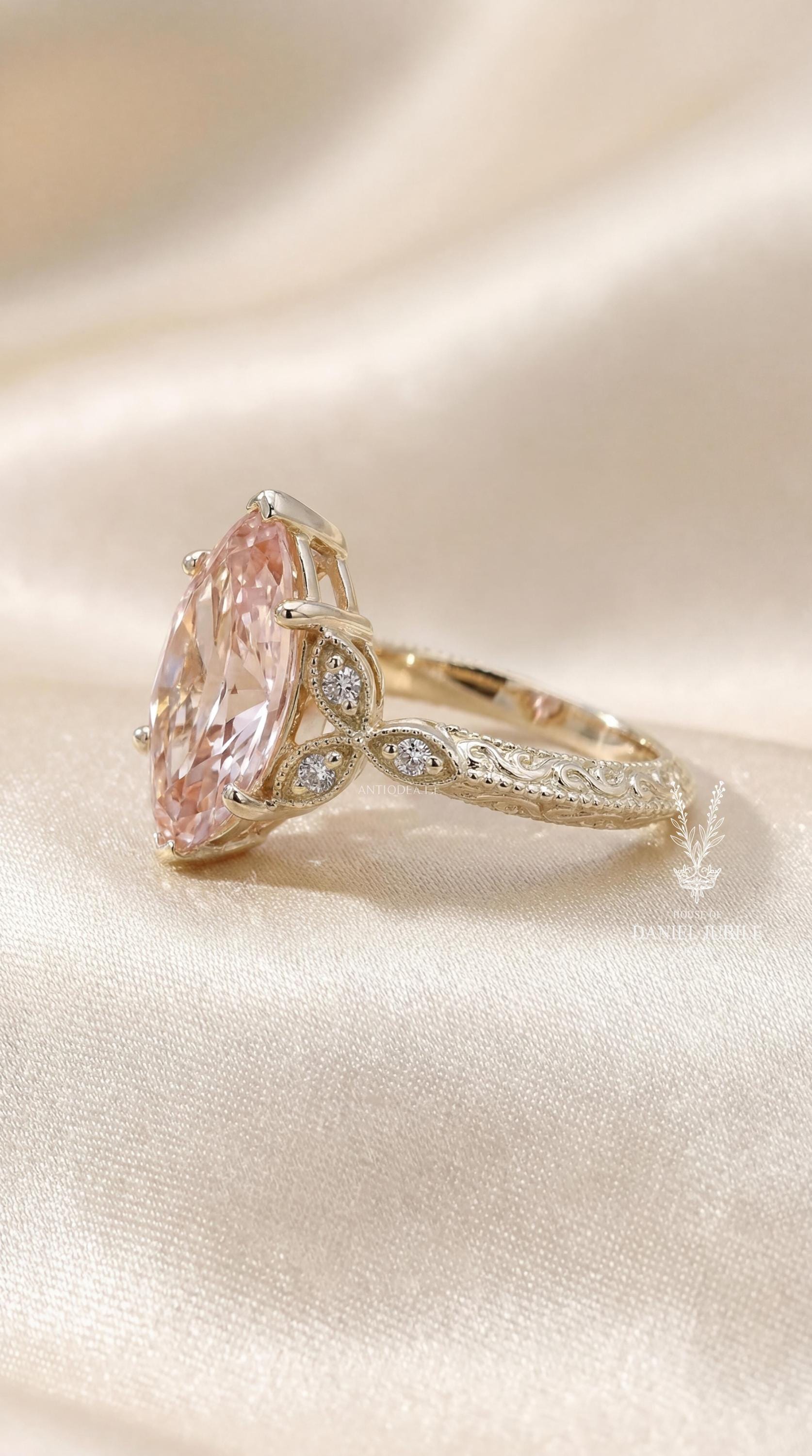 3 Carat Pink Marquise Diamond Ring – 14k Gold Vintage Floral Engagement