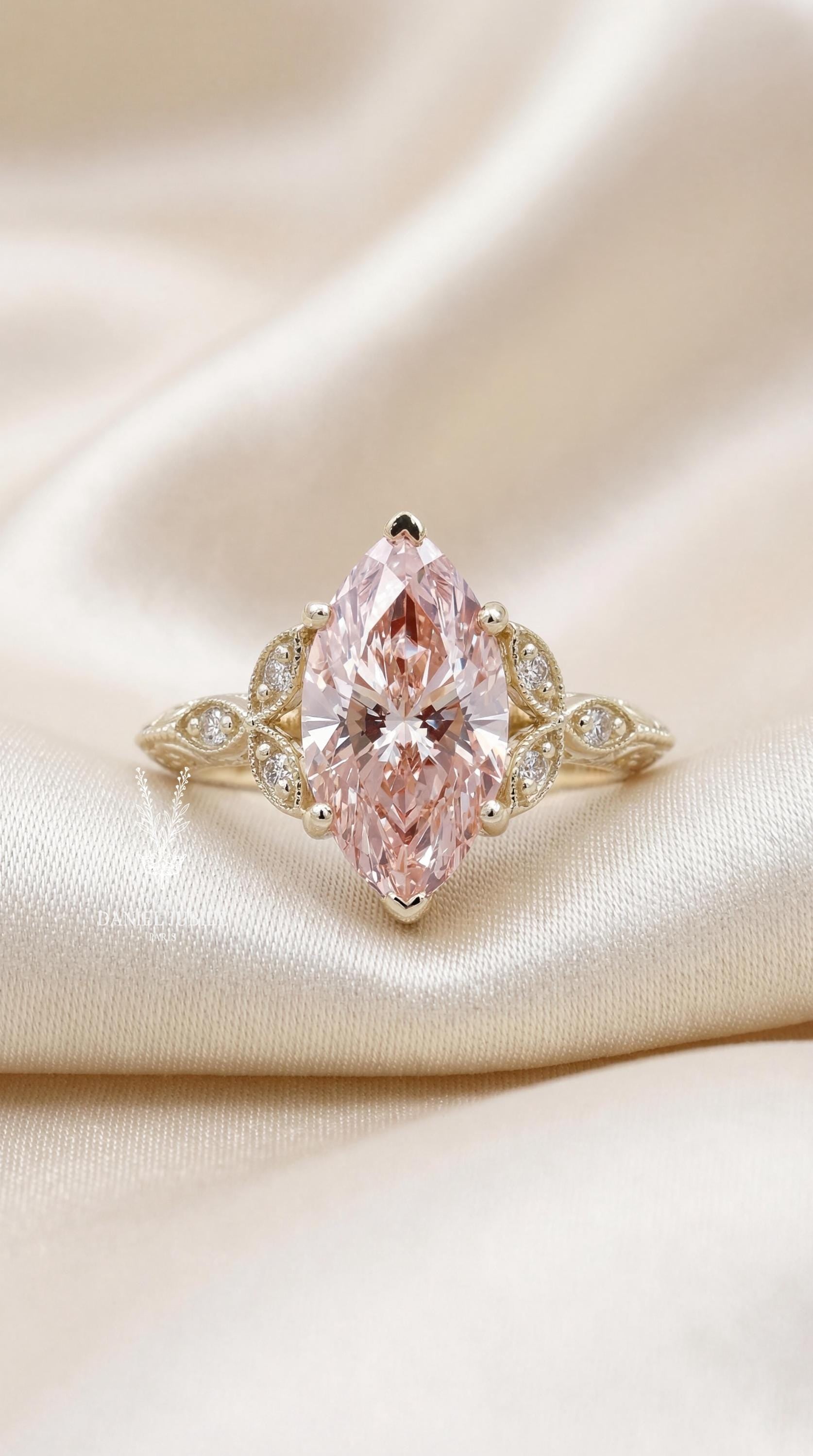 3 Carat Pink Marquise Diamond Ring – 14k Gold Vintage Floral Engagement