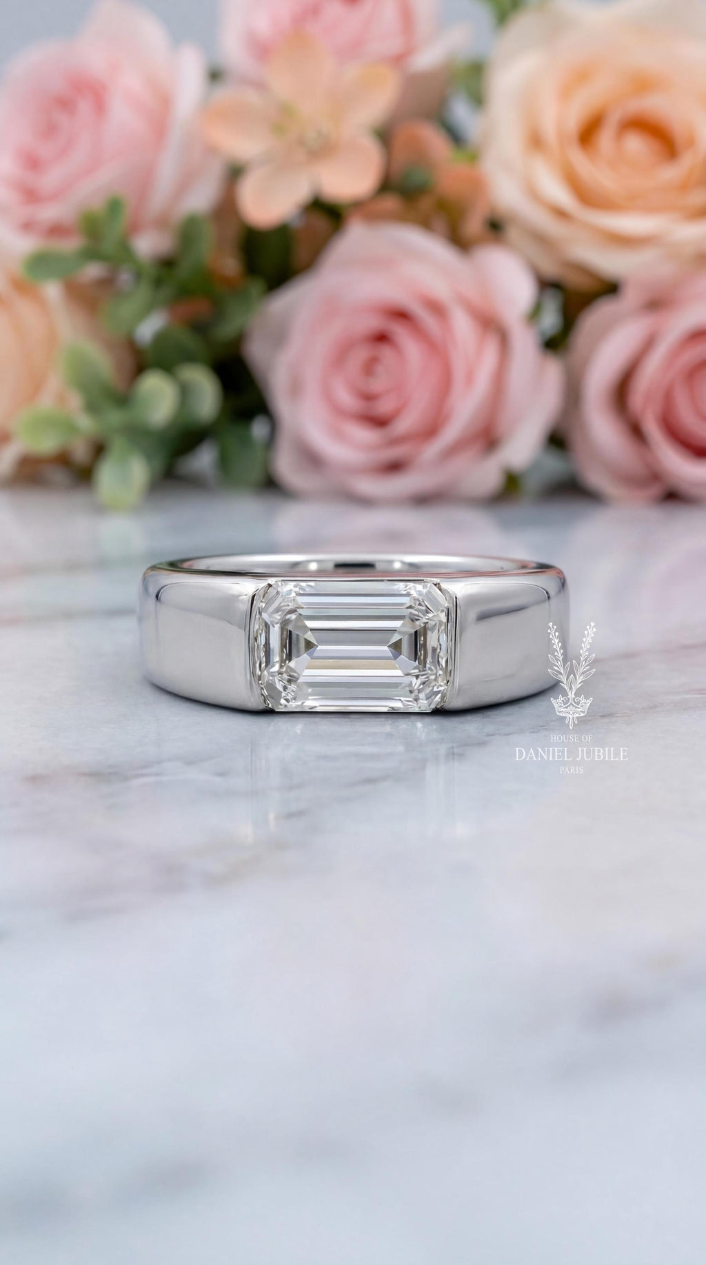East West Emerald Cut Lab Diamond Ring - 14k Gold Wide Band