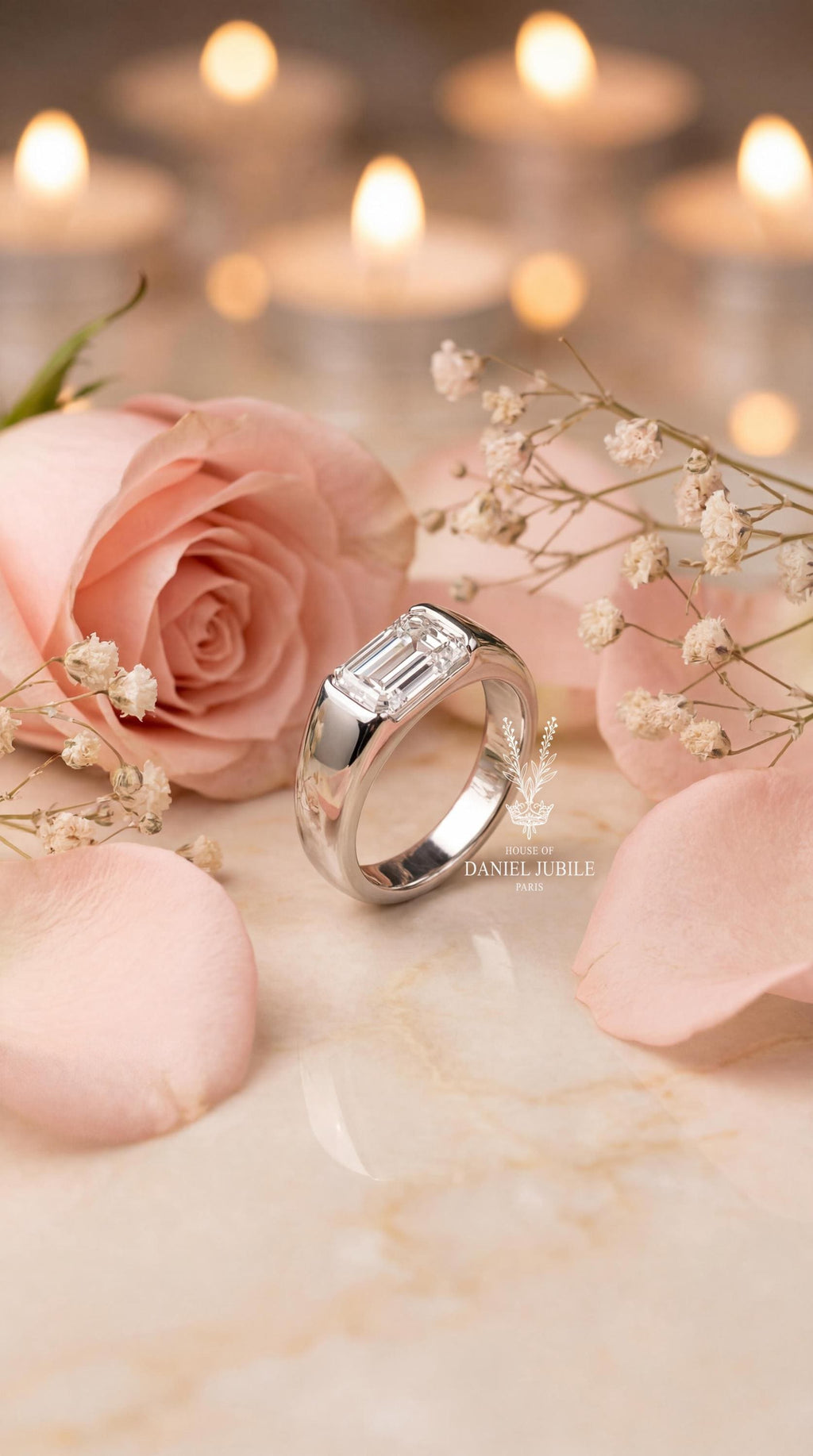 East West Emerald Cut Lab Diamond Ring - 14k Gold Wide Band