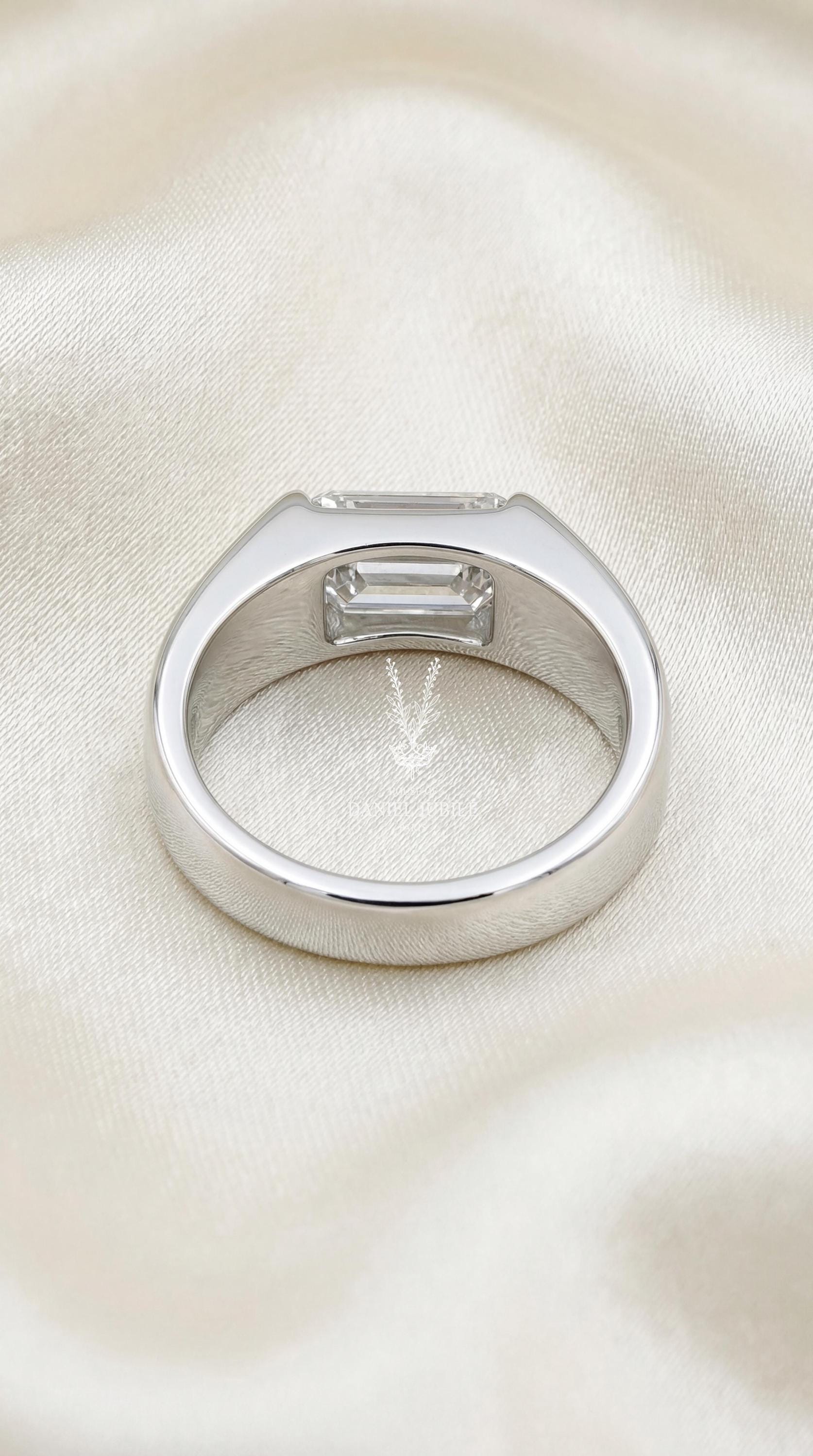 East West Emerald Cut Lab Diamond Ring - 14k Gold Wide Band