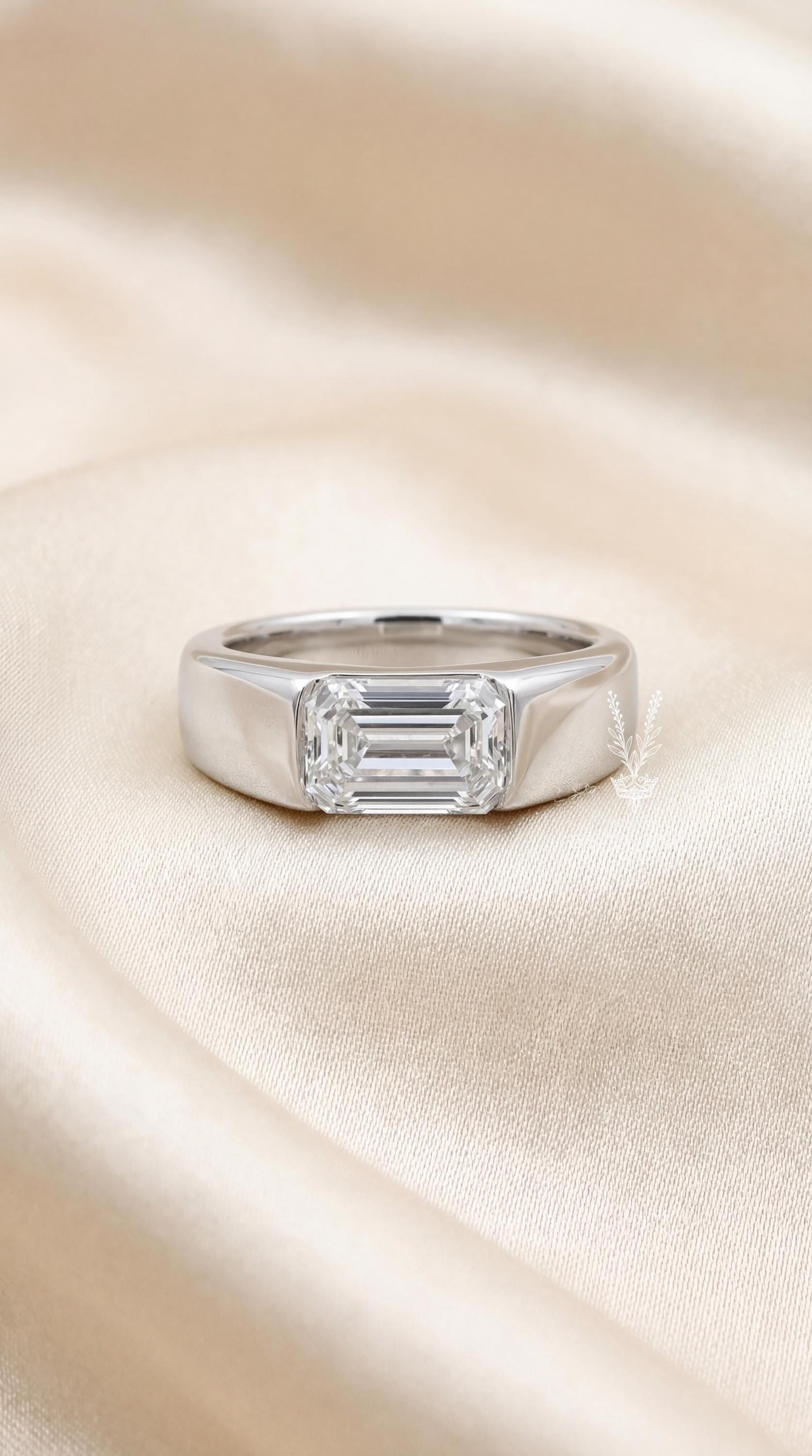East West Emerald Cut Lab Diamond Ring - 14k Gold Wide Band