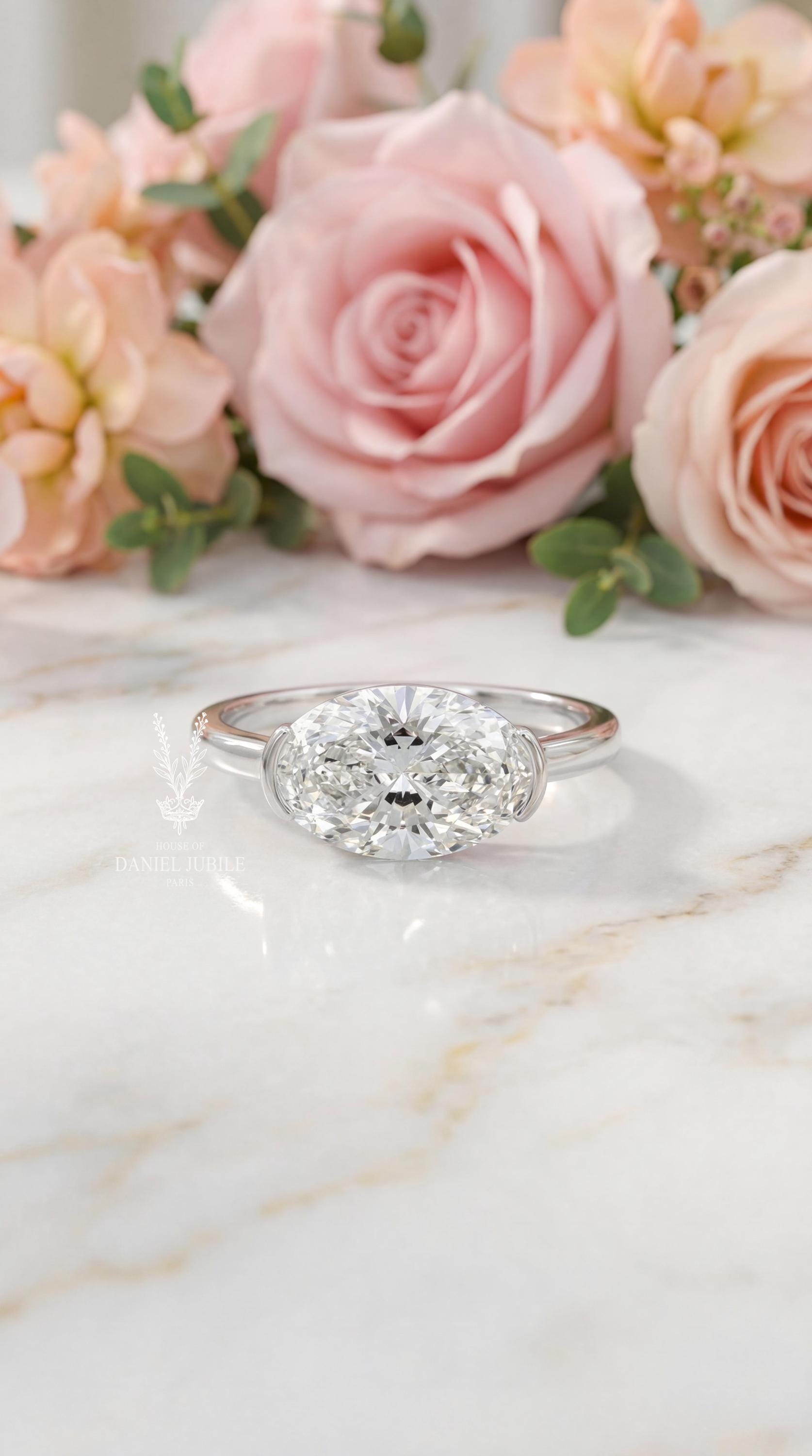 East-West Marquise Lab Diamond Ring – 14k White Gold Semi-Bezel