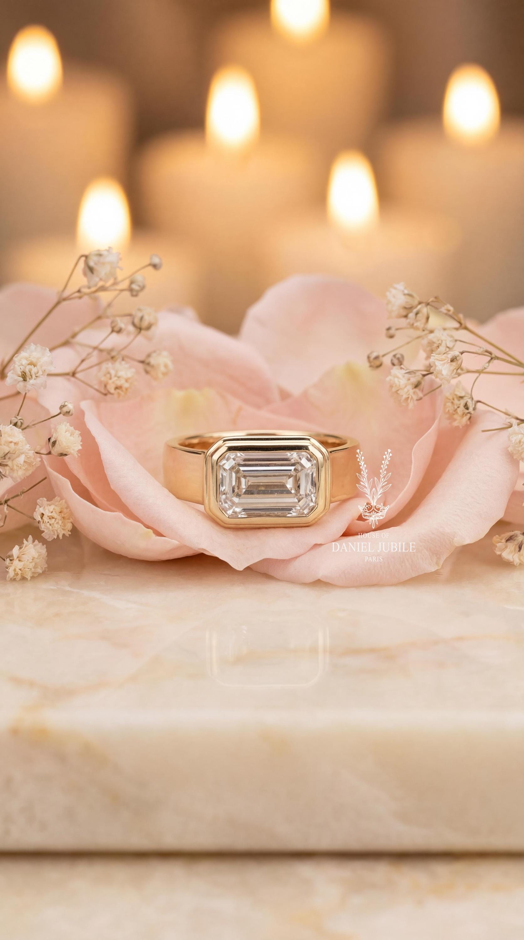 3ct Emerald Cut Lab Diamond Ring – 14k Yellow Gold Wide Band