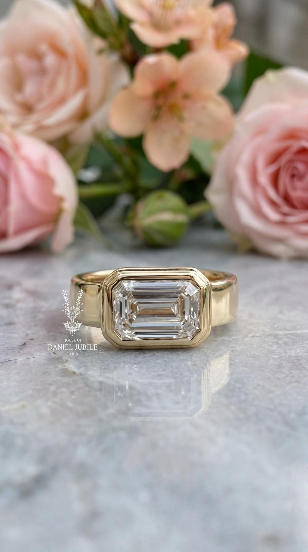 3ct Emerald Cut Lab Diamond Ring – 14k Yellow Gold Wide Band