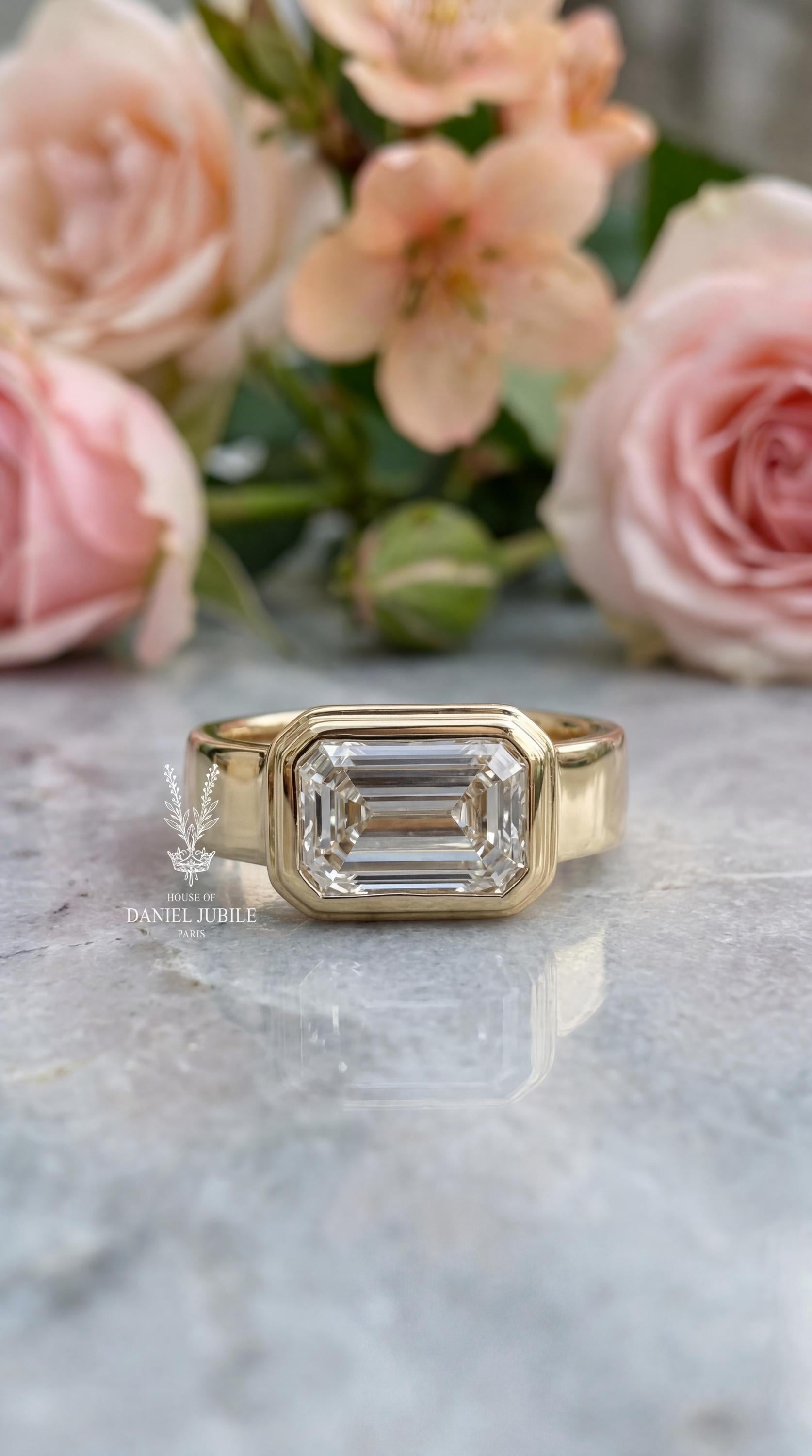 3ct Emerald Cut Lab Diamond Ring – 14k Yellow Gold Wide Band