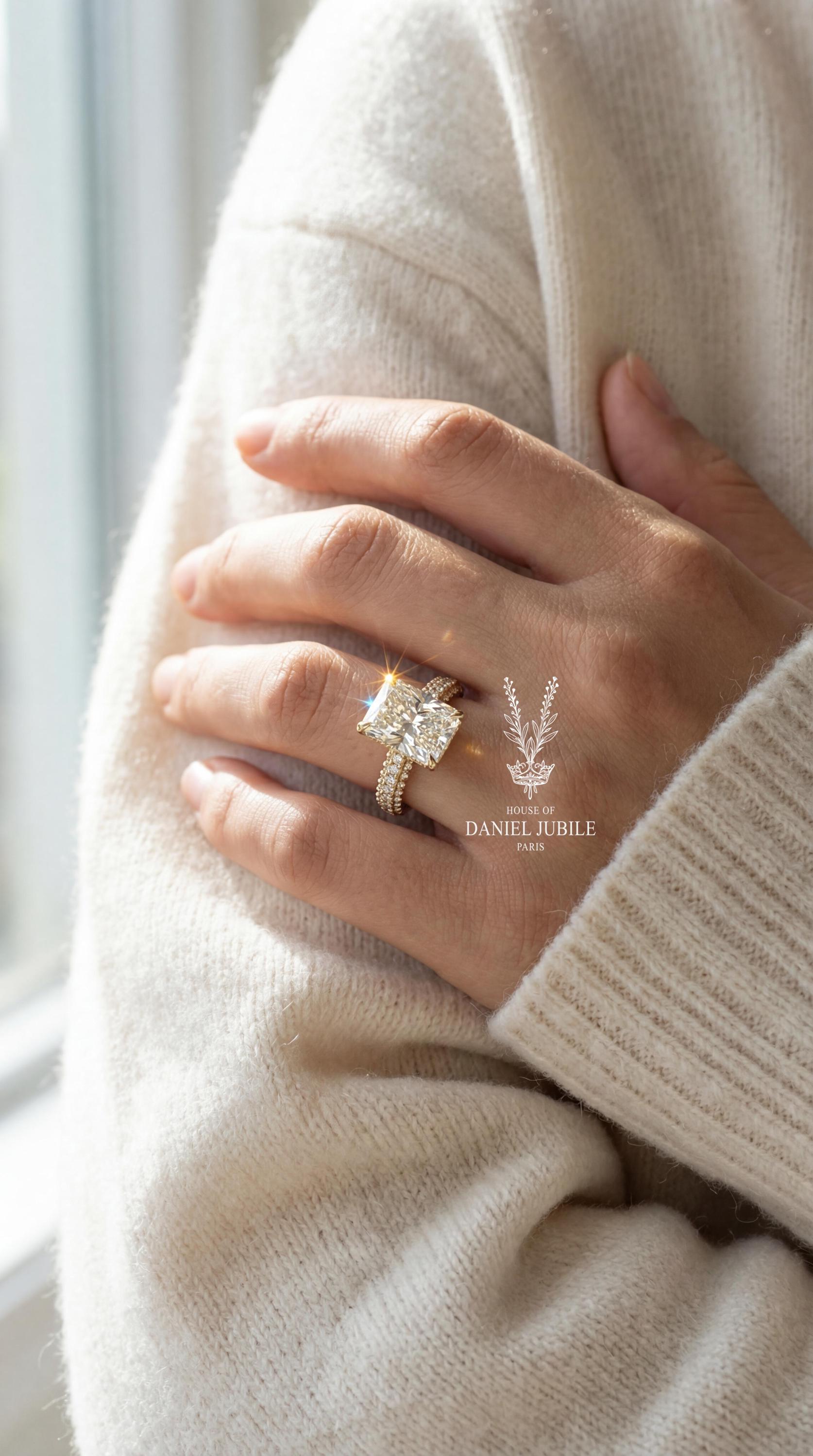 Radiant Cut Lab Engagement Diamond Ring – Pave Band, Hidden Halo