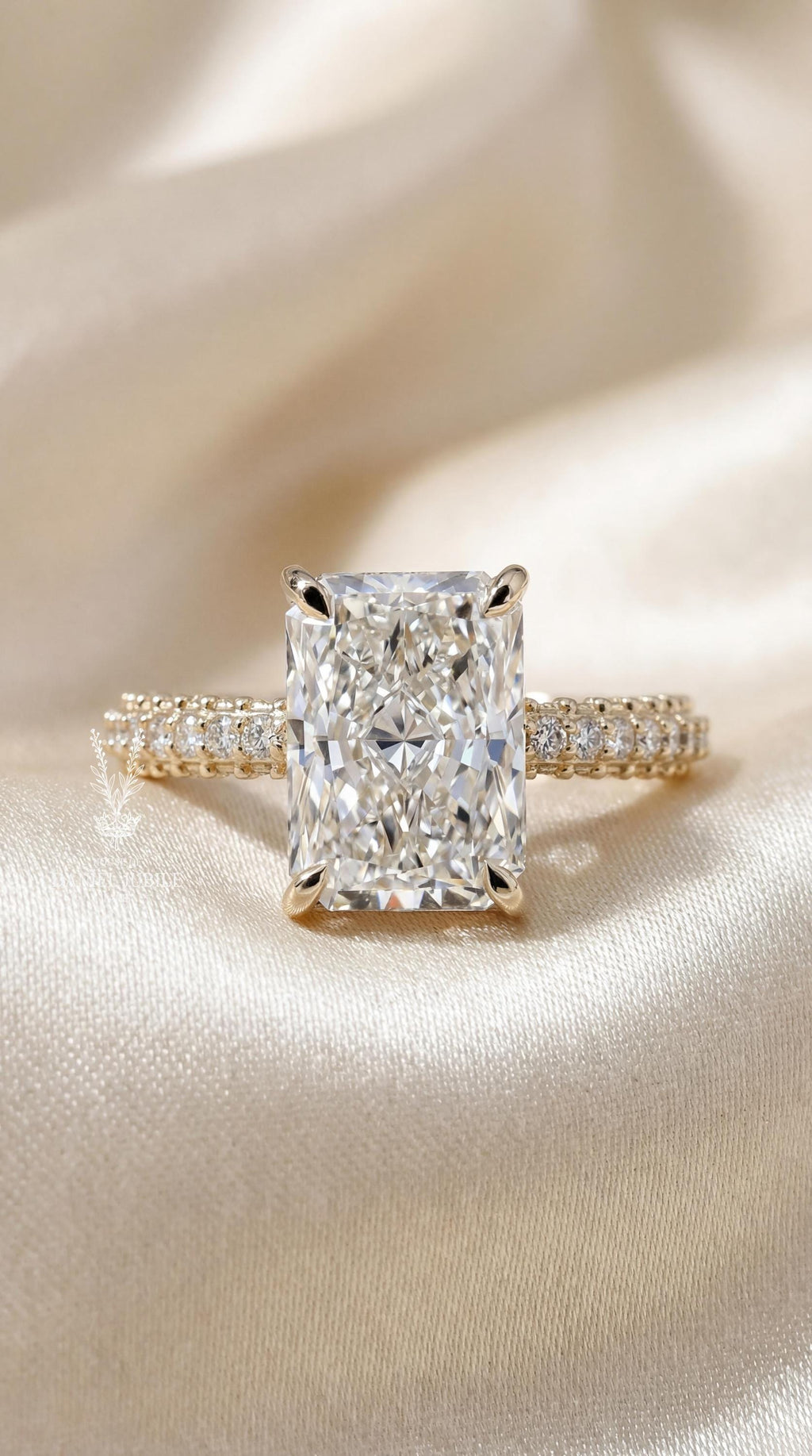 Radiant Cut Lab Engagement Diamond Ring – Pave Band, Hidden Halo
