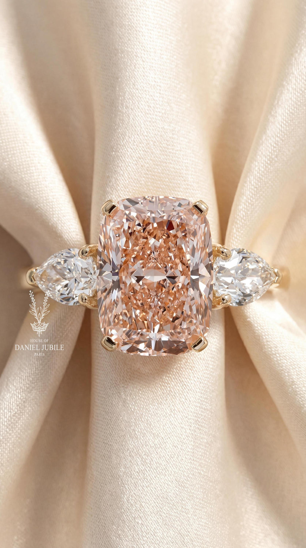 4 Carat Fancy Pink Cushion Cut Lab Diamond Ring – 14k Gold Three Stone Engagement Ring