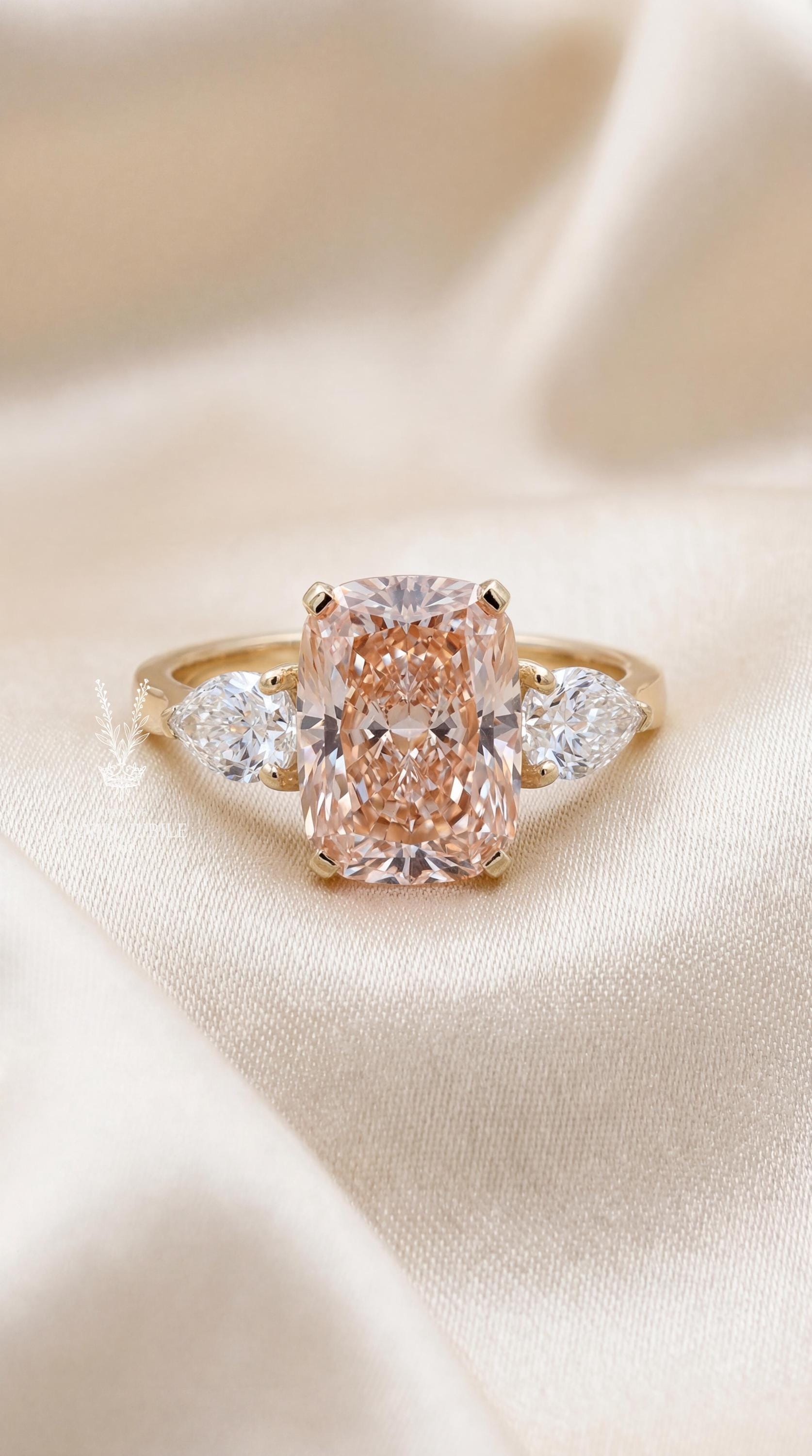 4 Carat Fancy Pink Cushion Cut Lab Diamond Ring – 14k Gold Three Stone Engagement Ring