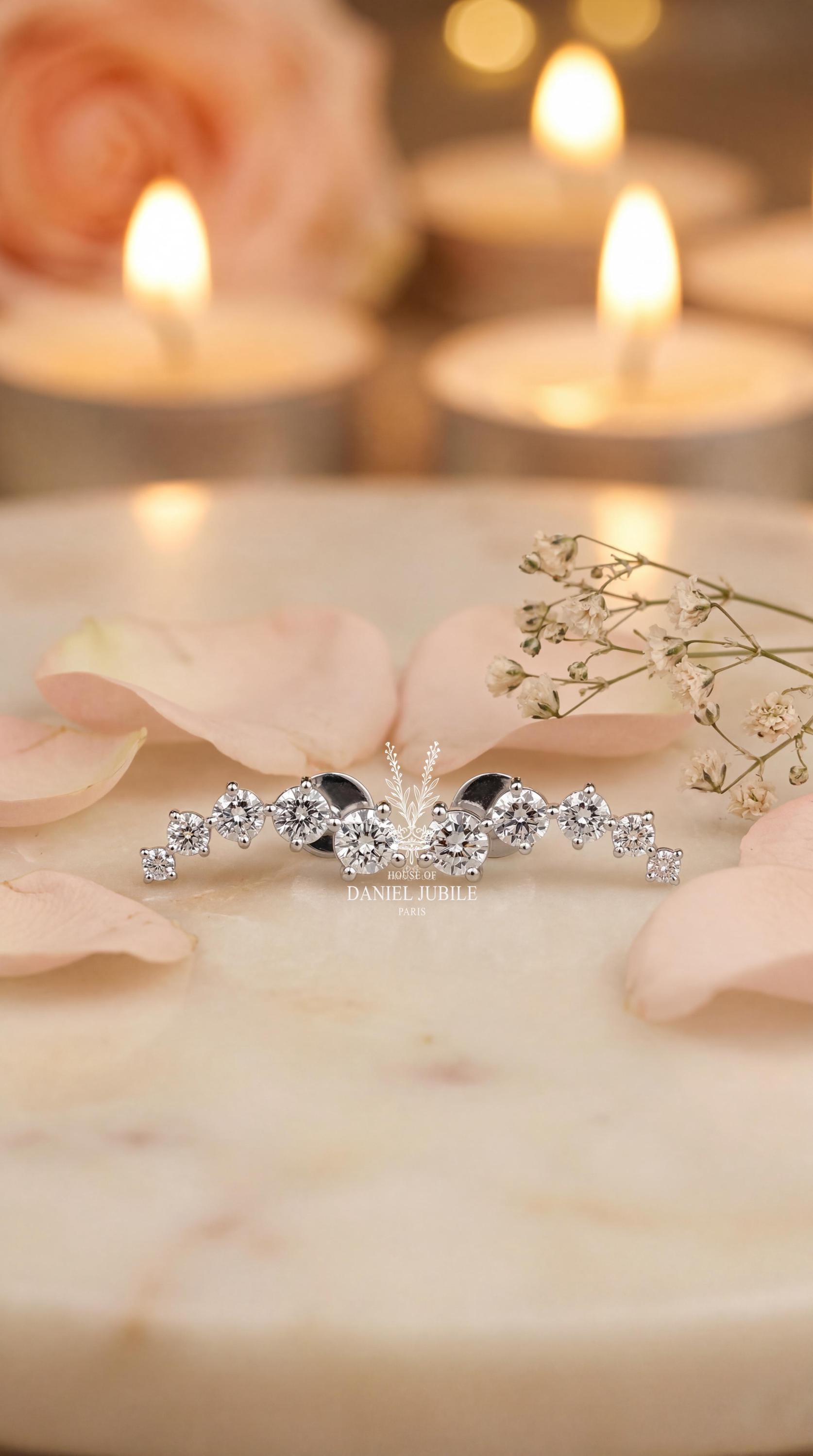 Lab Diamond Ear Climbers - 2.0ctw Graduated Round, 14k White Gold