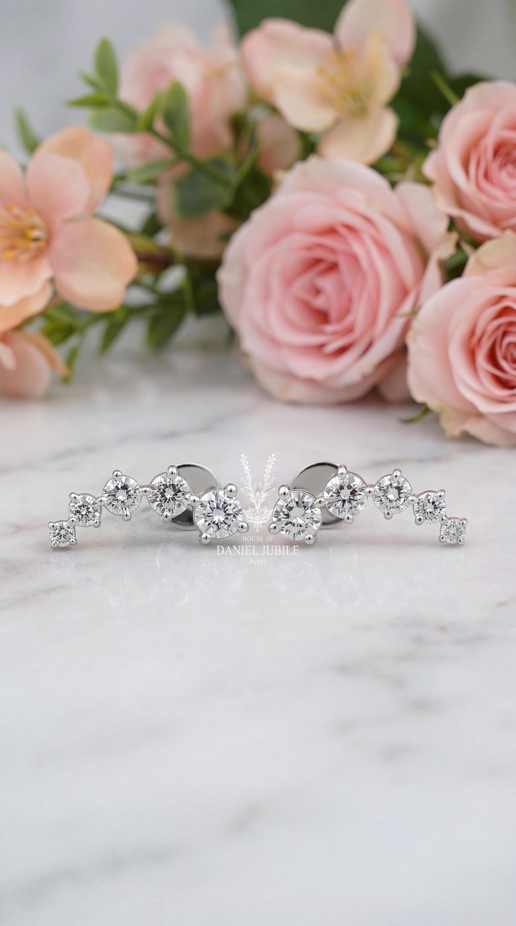 Lab Diamond Ear Climbers - 2.0ctw Graduated Round, 14k White Gold