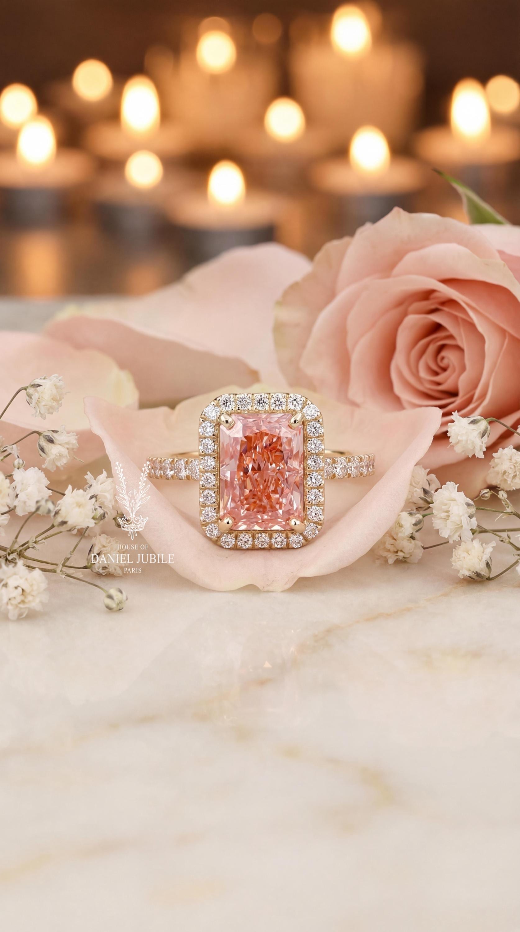 5 Carat Pink Lab Diamond Halo Engagement Ring – 14k Gold Art Deco Wedding Ring
