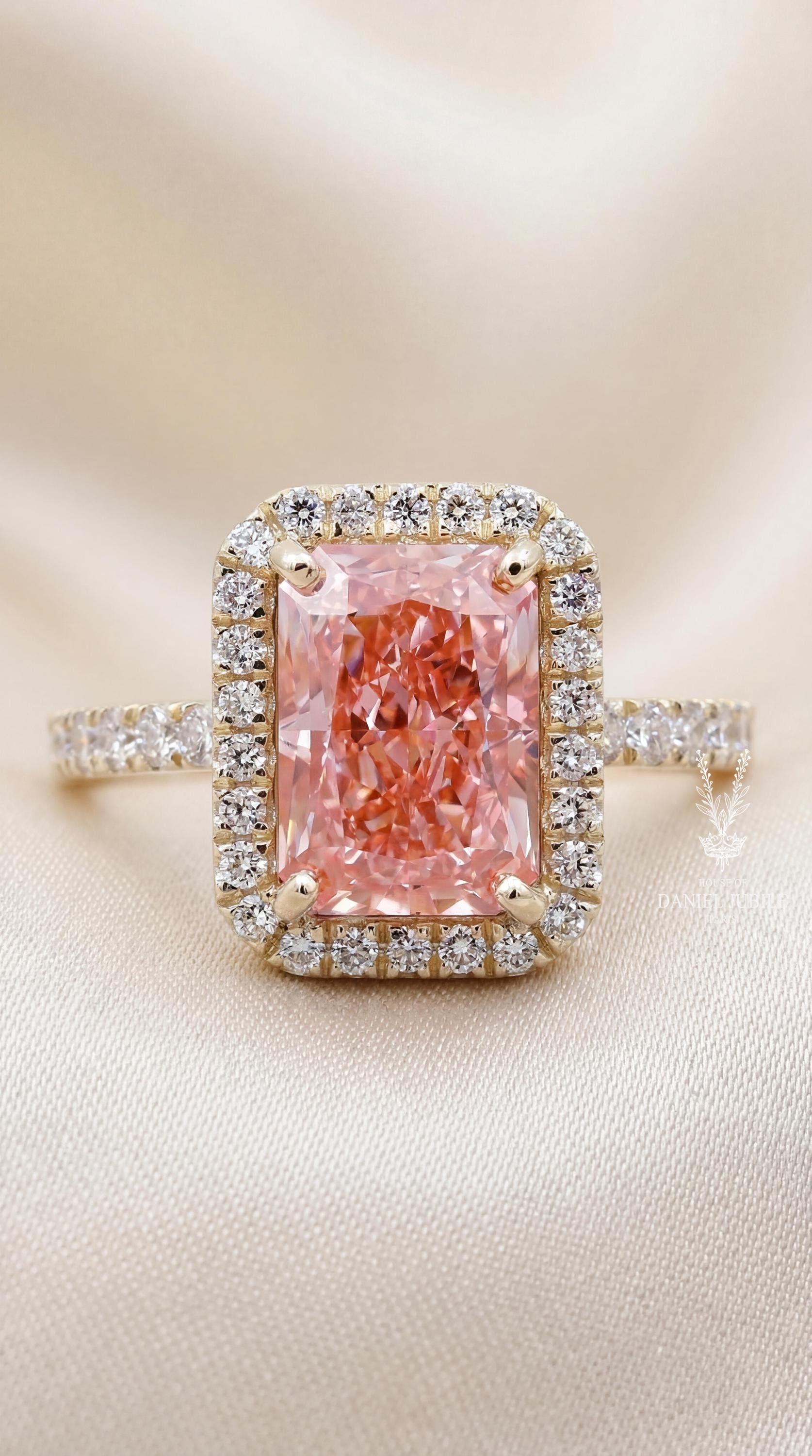 5 Carat Pink Lab Diamond Halo Engagement Ring – 14k Gold Art Deco Wedding Ring