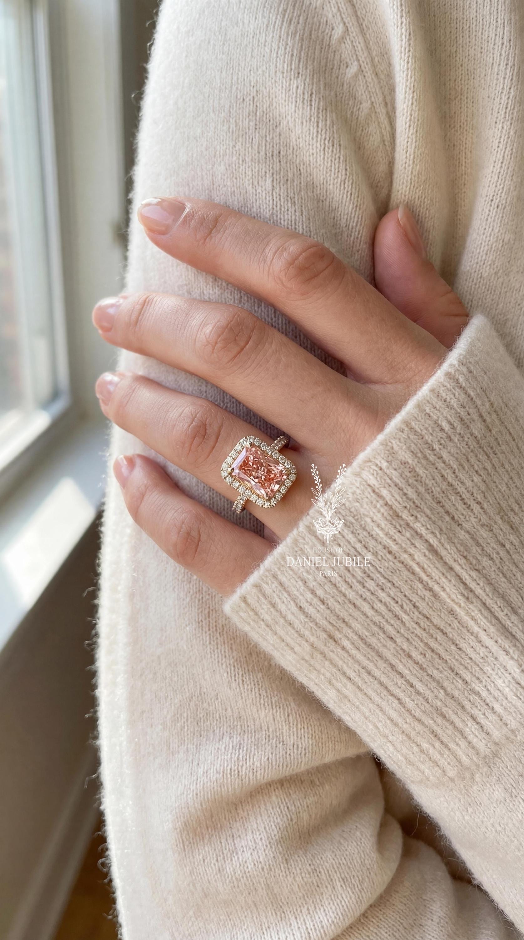 5 Carat Pink Lab Diamond Halo Engagement Ring – 14k Gold Art Deco Wedding Ring