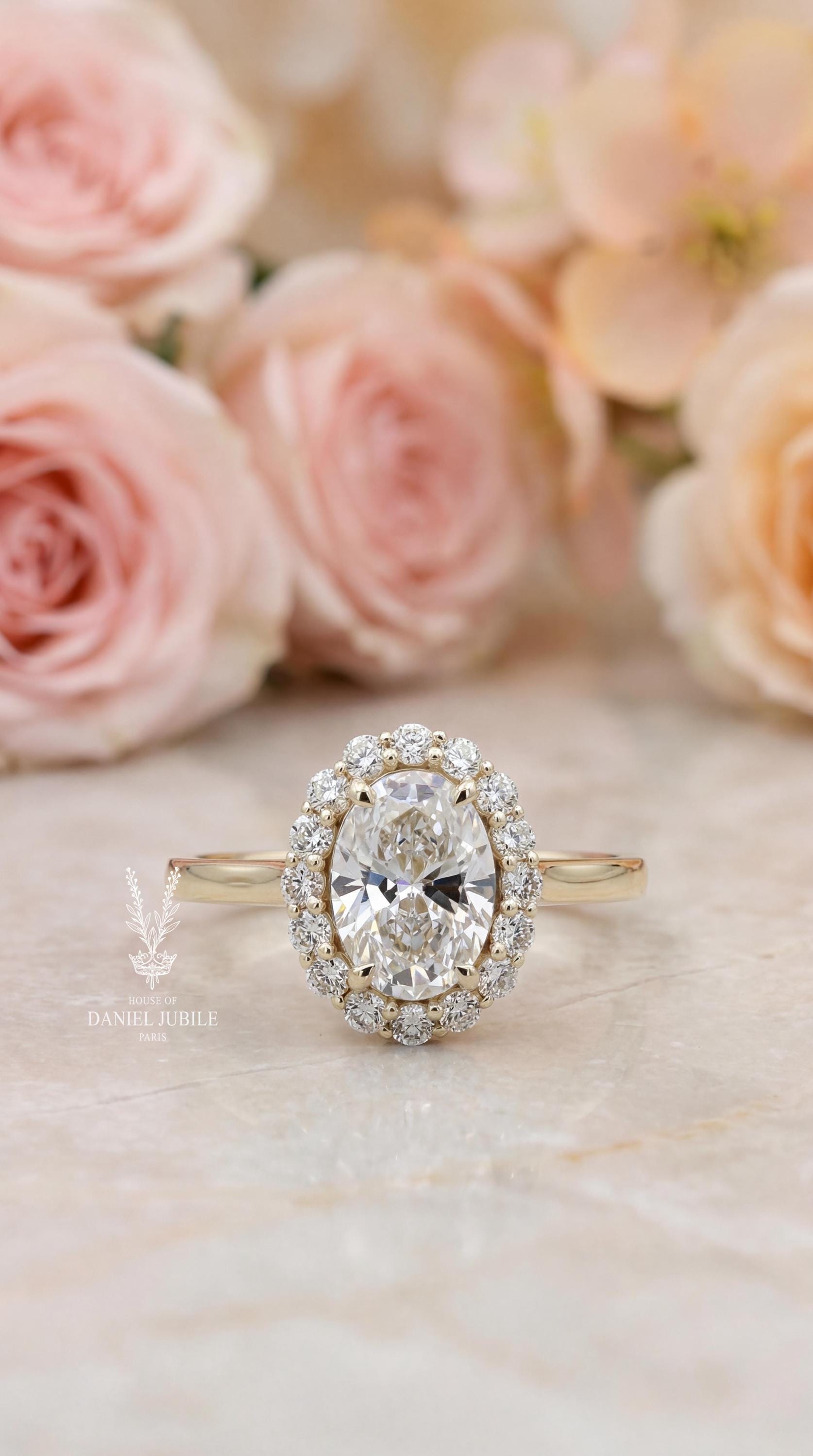 Oval cut Lab Halo Engagement Diamond Ring – 14k Gold Art Deco Wedding Ring